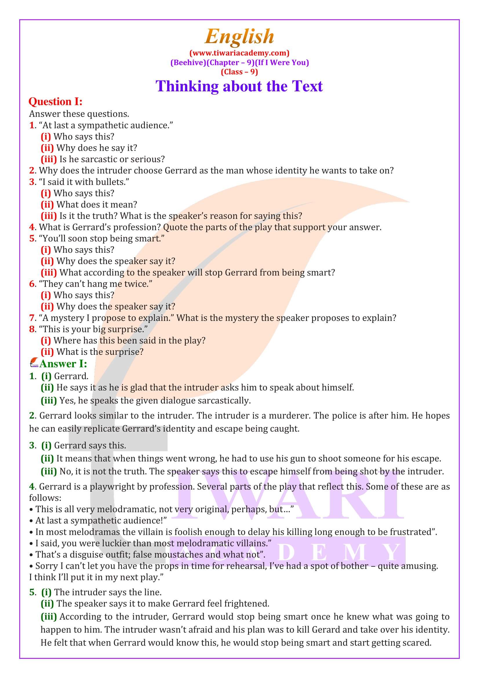Class 9 English Beehive Chapter 9 If I Were You
