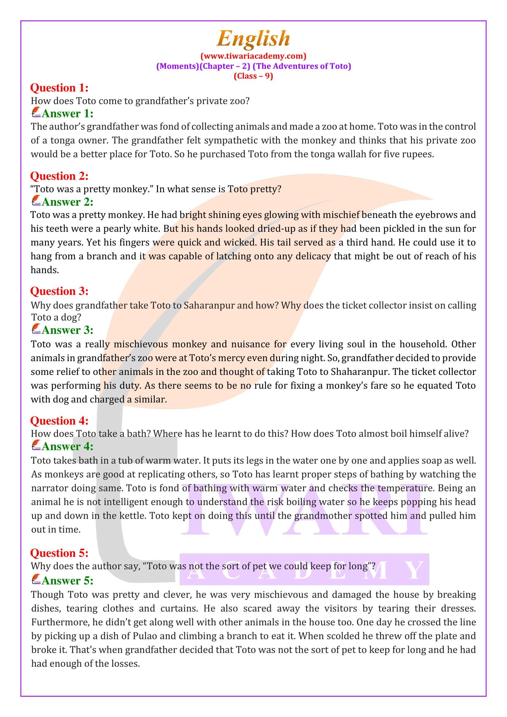 NCERT Solutions for Class 9 English Moments Chapter 2 the Adventures of Toto