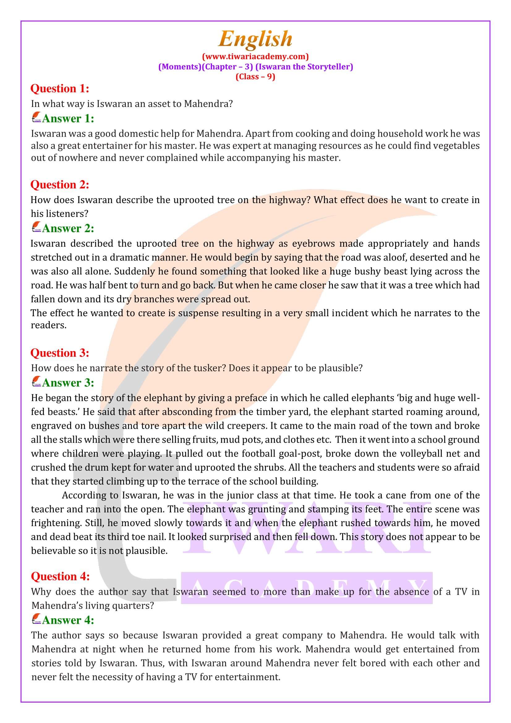 NCERT Solutions for Class 9 English Moments Chapter 3