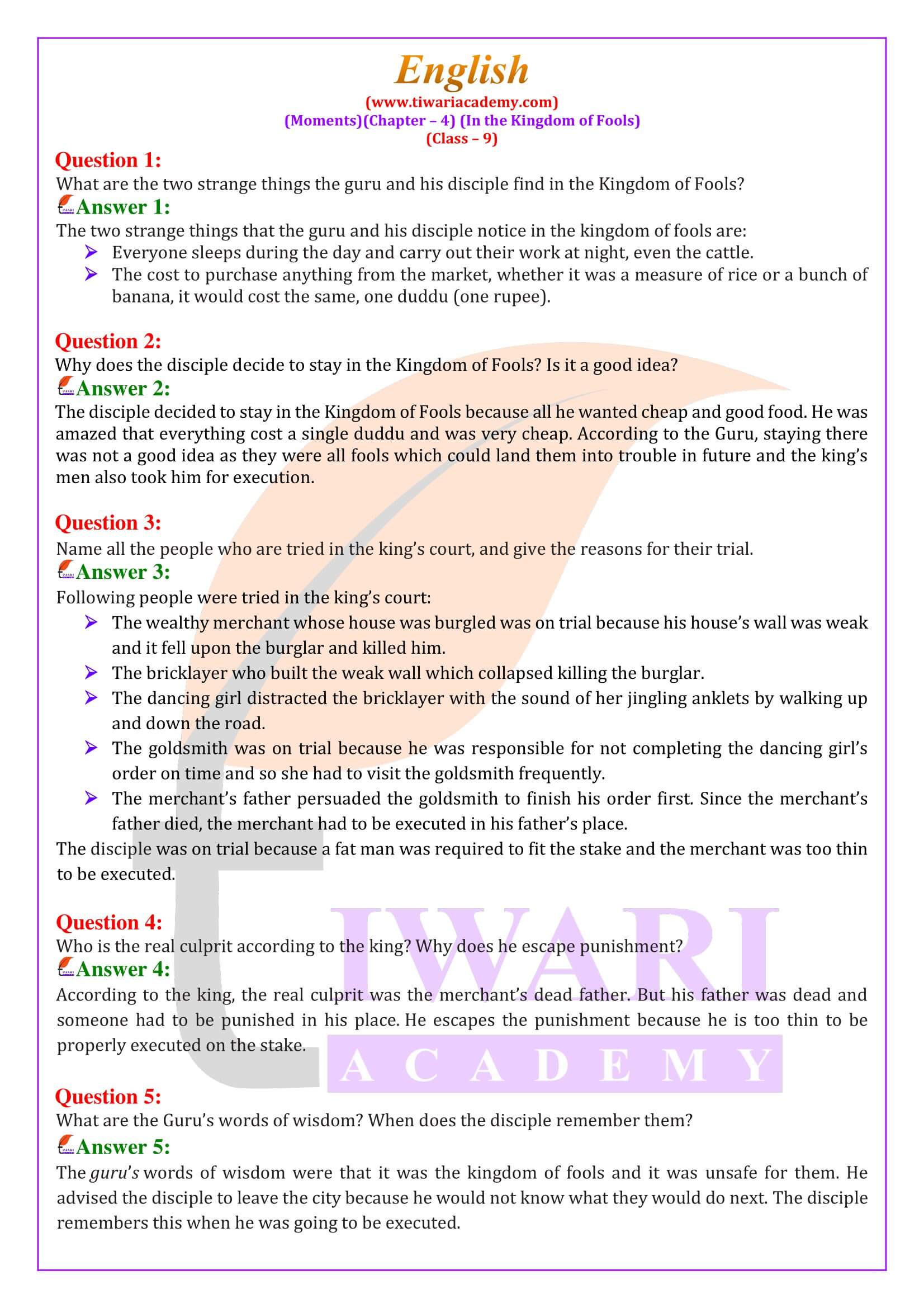 NCERT Solutions for Class 9 English Moments Chapter 4