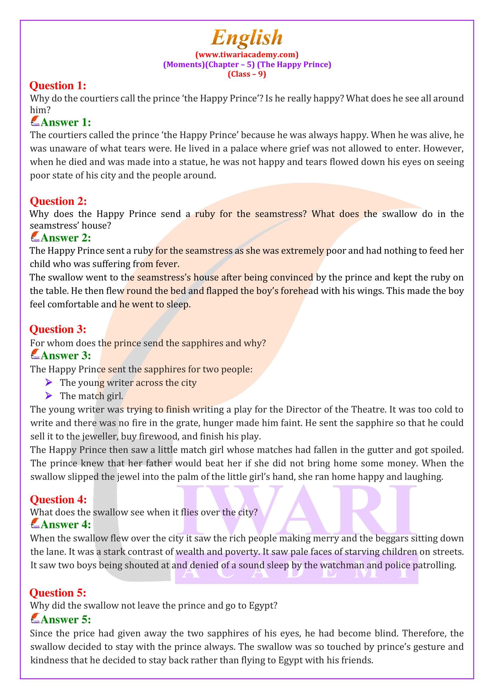 Ncert Solutions For Class 9 English Moments Chapter 5 The Happy Prince 