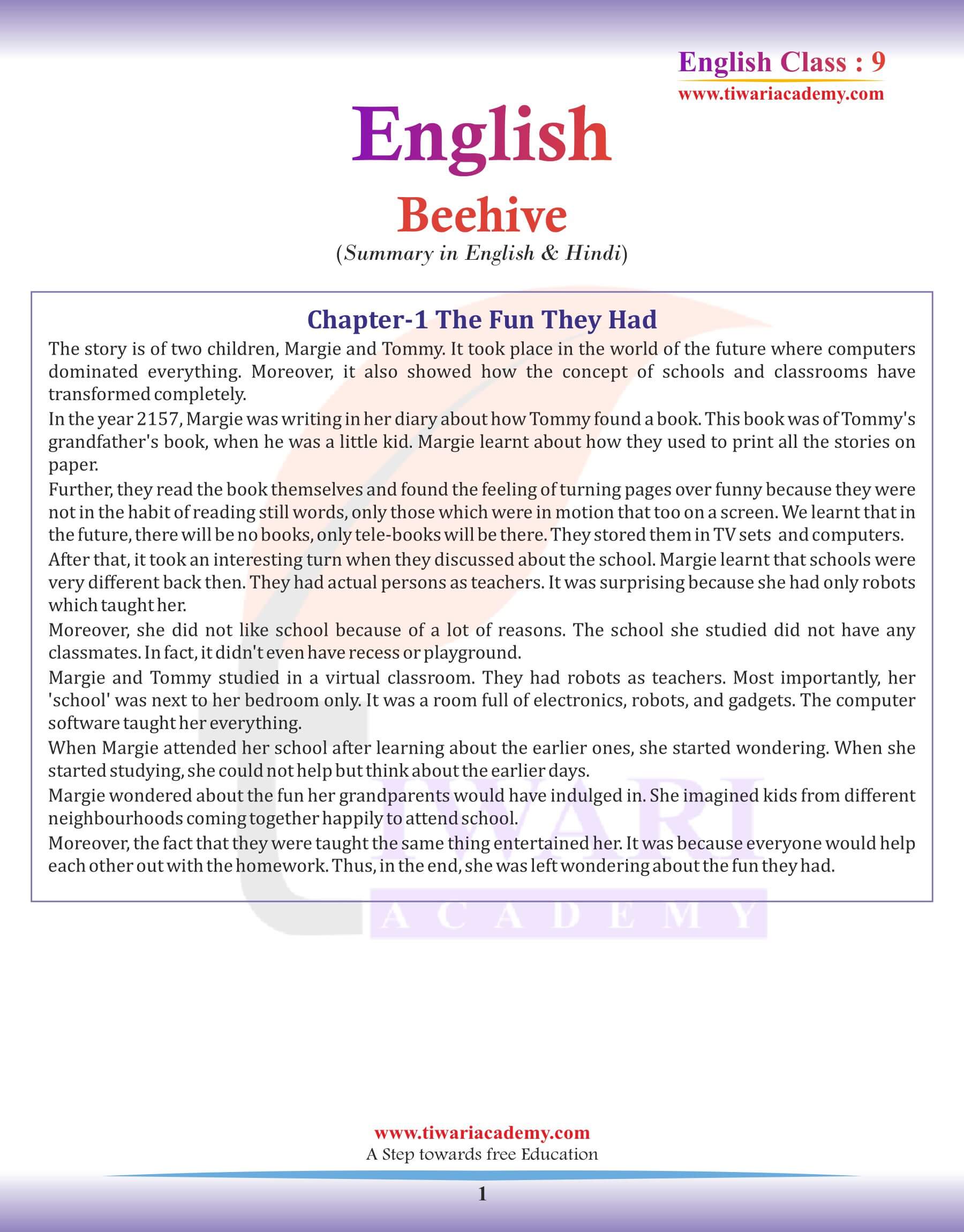 Class 9 English Beehive Chapter 1 Summary
