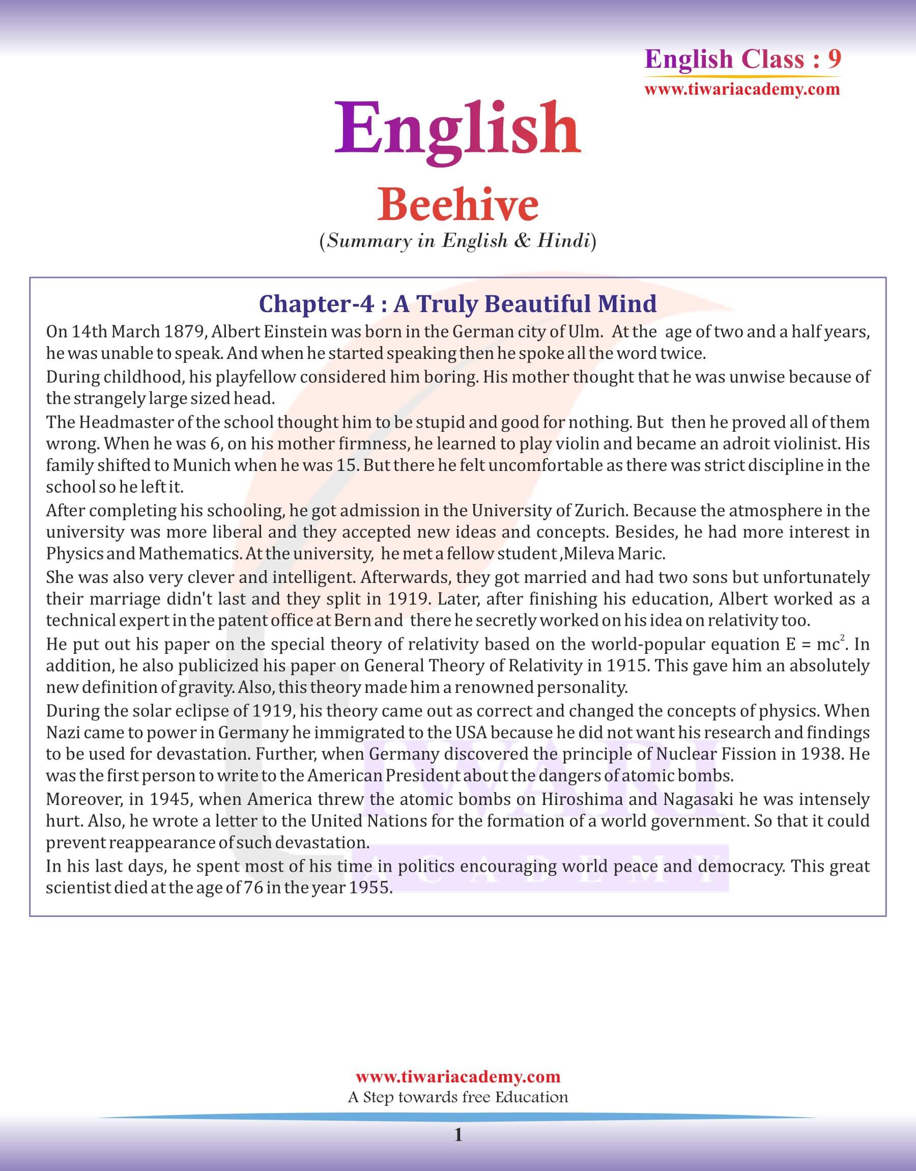 Class 9 English Beehive Chapter 4 Summary in English