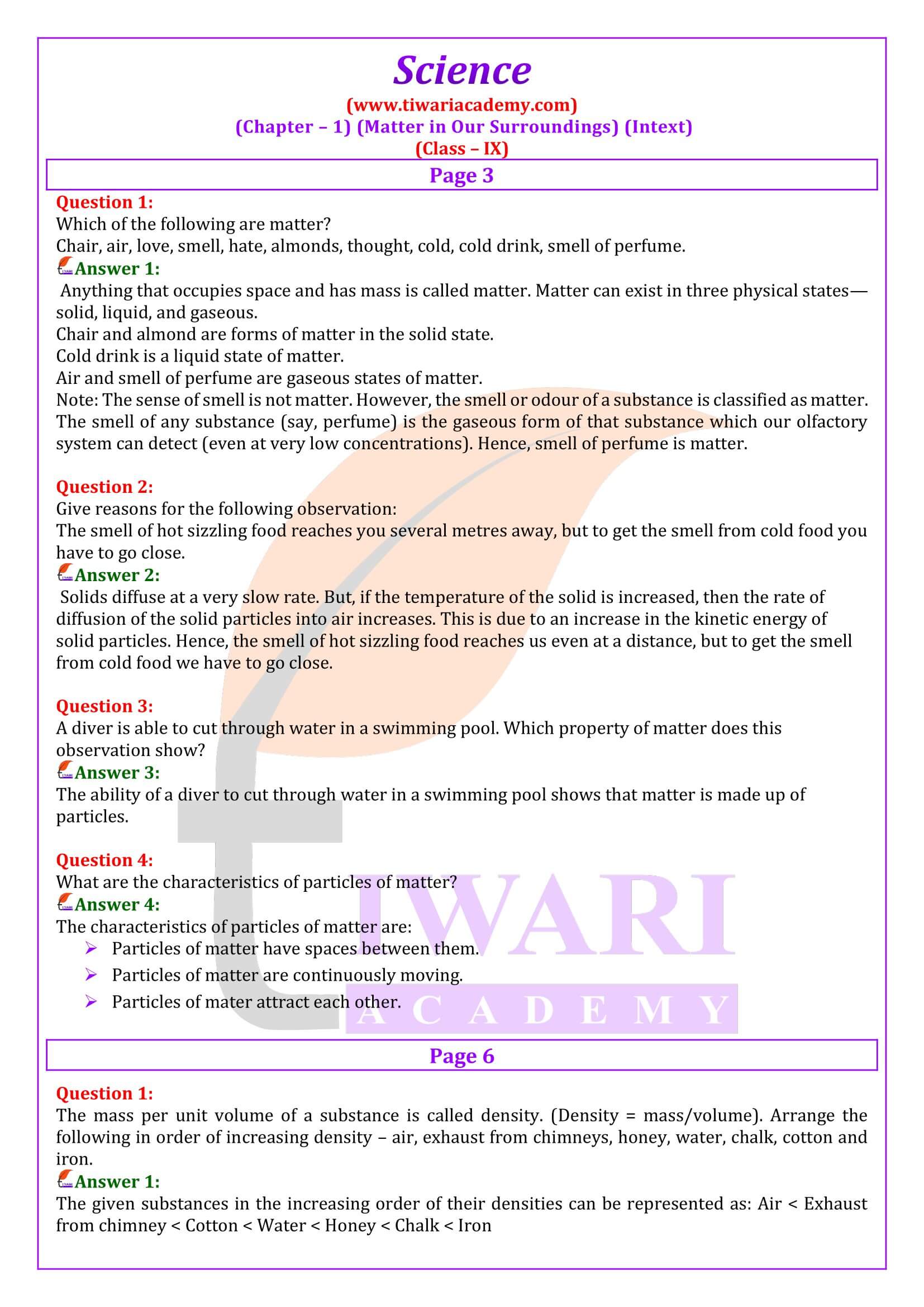NCERT Solutions for Class 9 Science Chapter 1 Question Answers