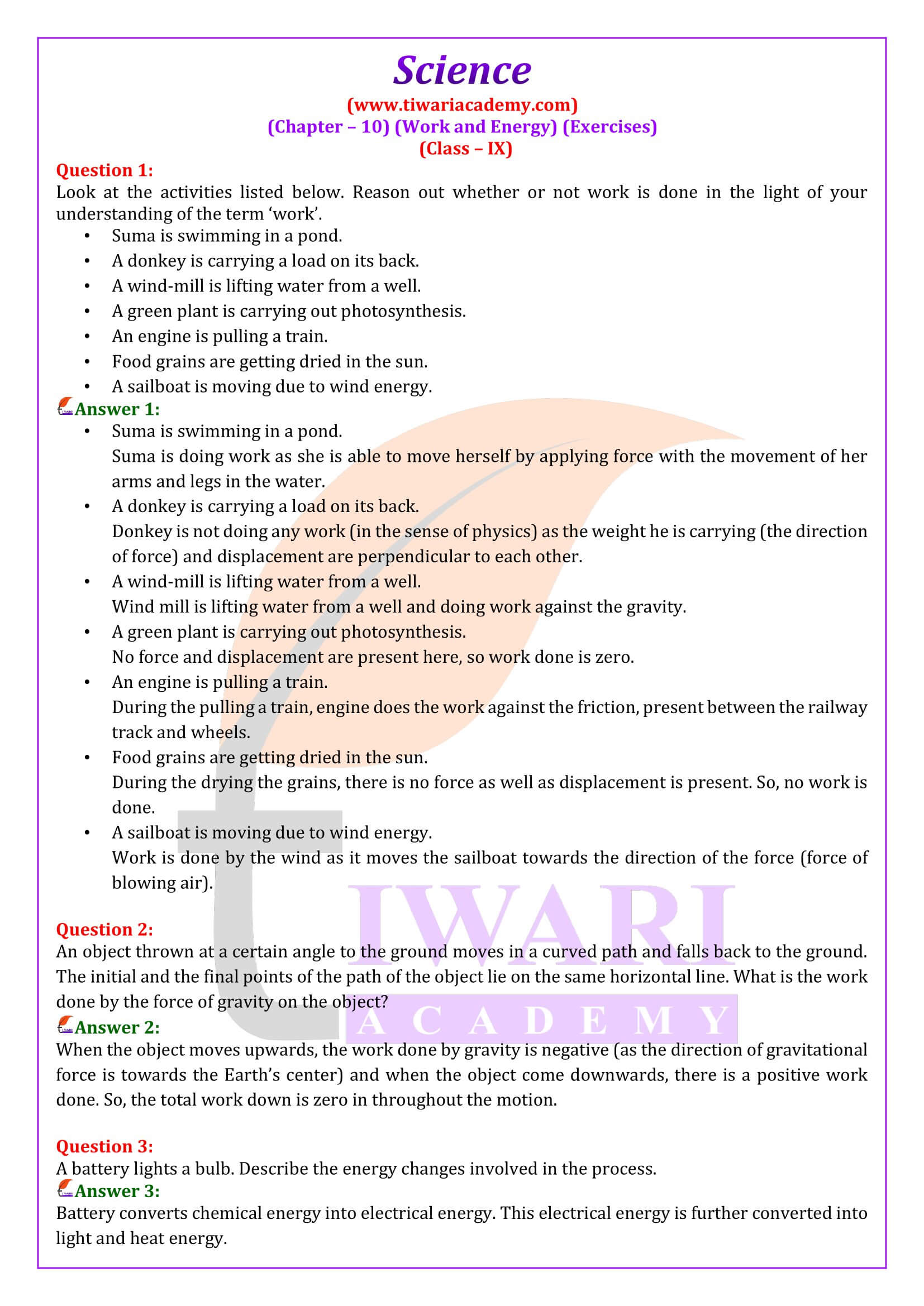 Class 9 Science Chapter 10 Work and Energy