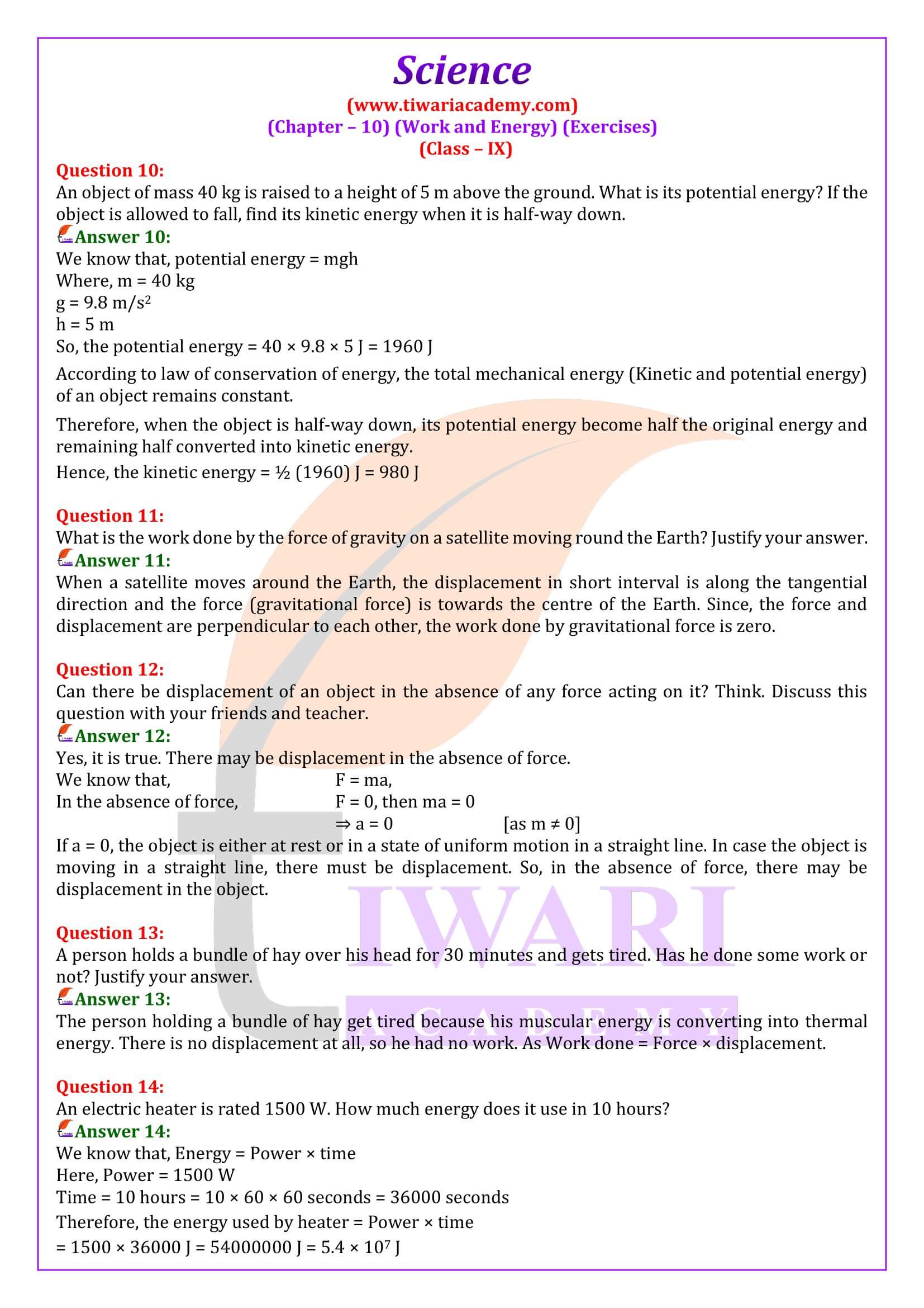 NCERT Solutions for Class 9 Science Chapter 10 Exercises