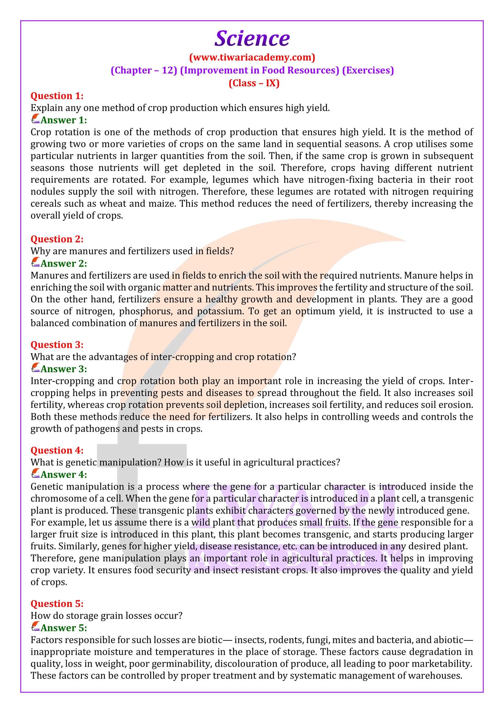 Class 9 Science Chapter 12 Improvement in Food Resources