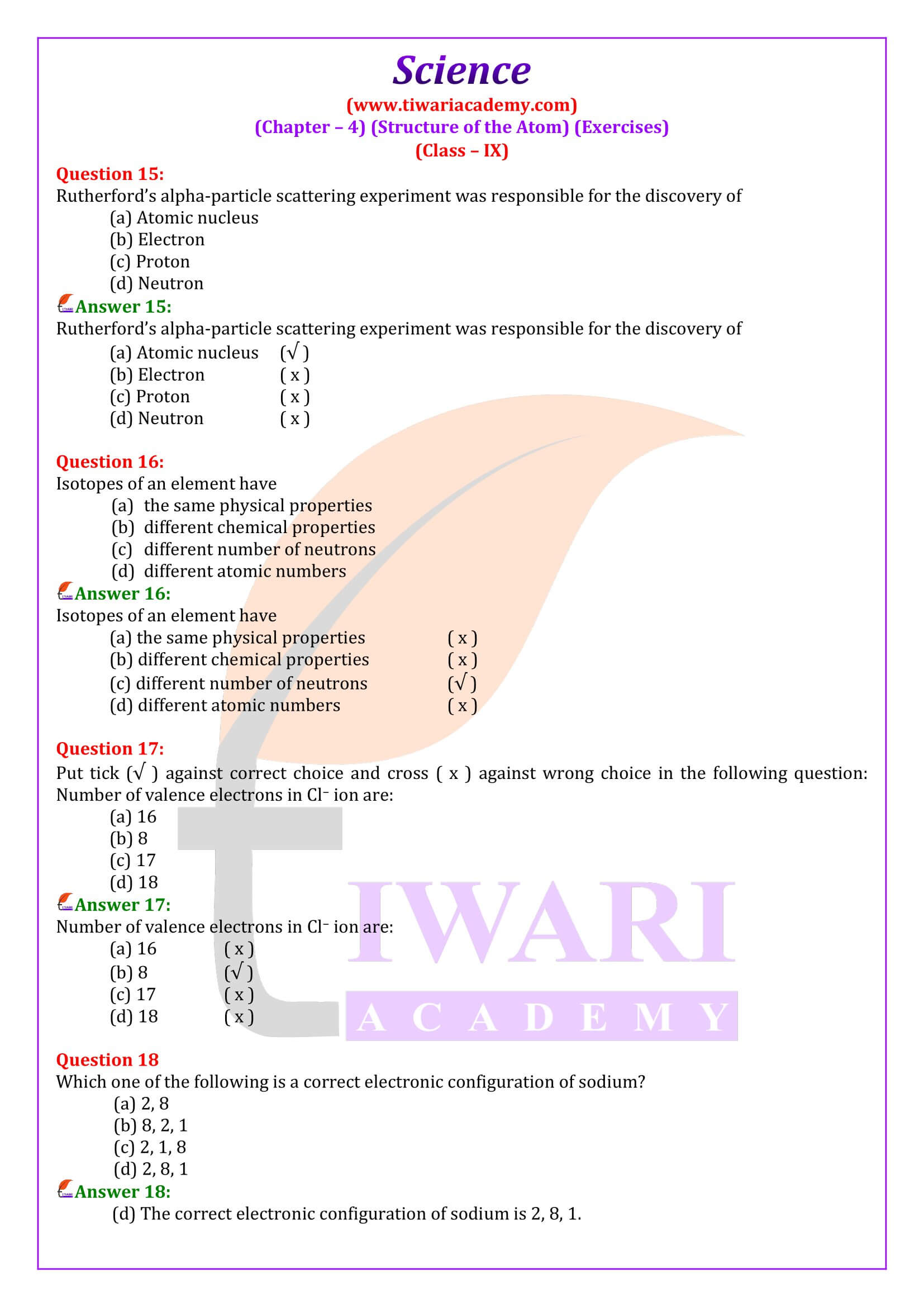 NCERT Solutions for Class 9 Science Chapter 4 Exercise answers