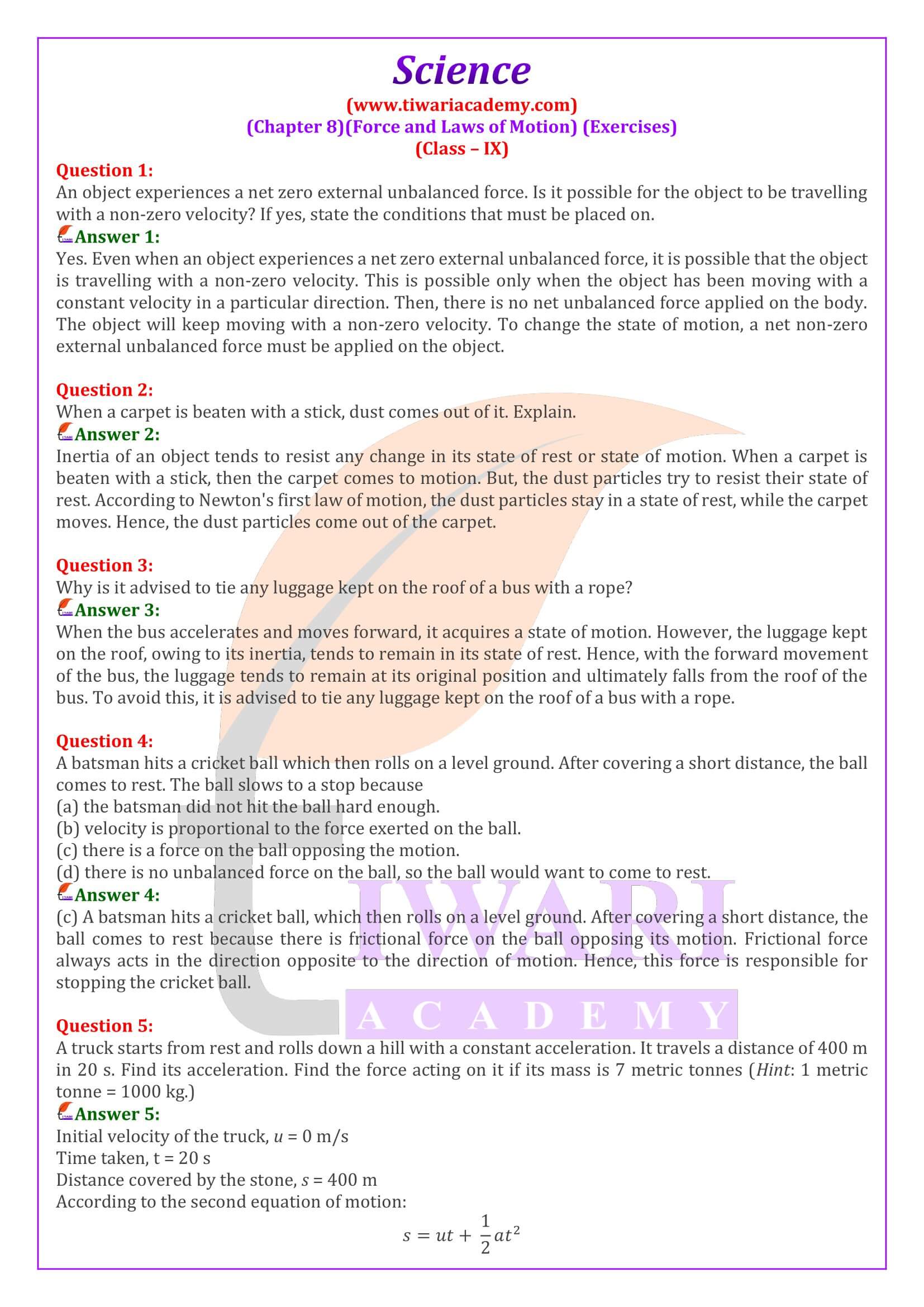 Class 9 Science Chapter 8 Force and Laws of Motion