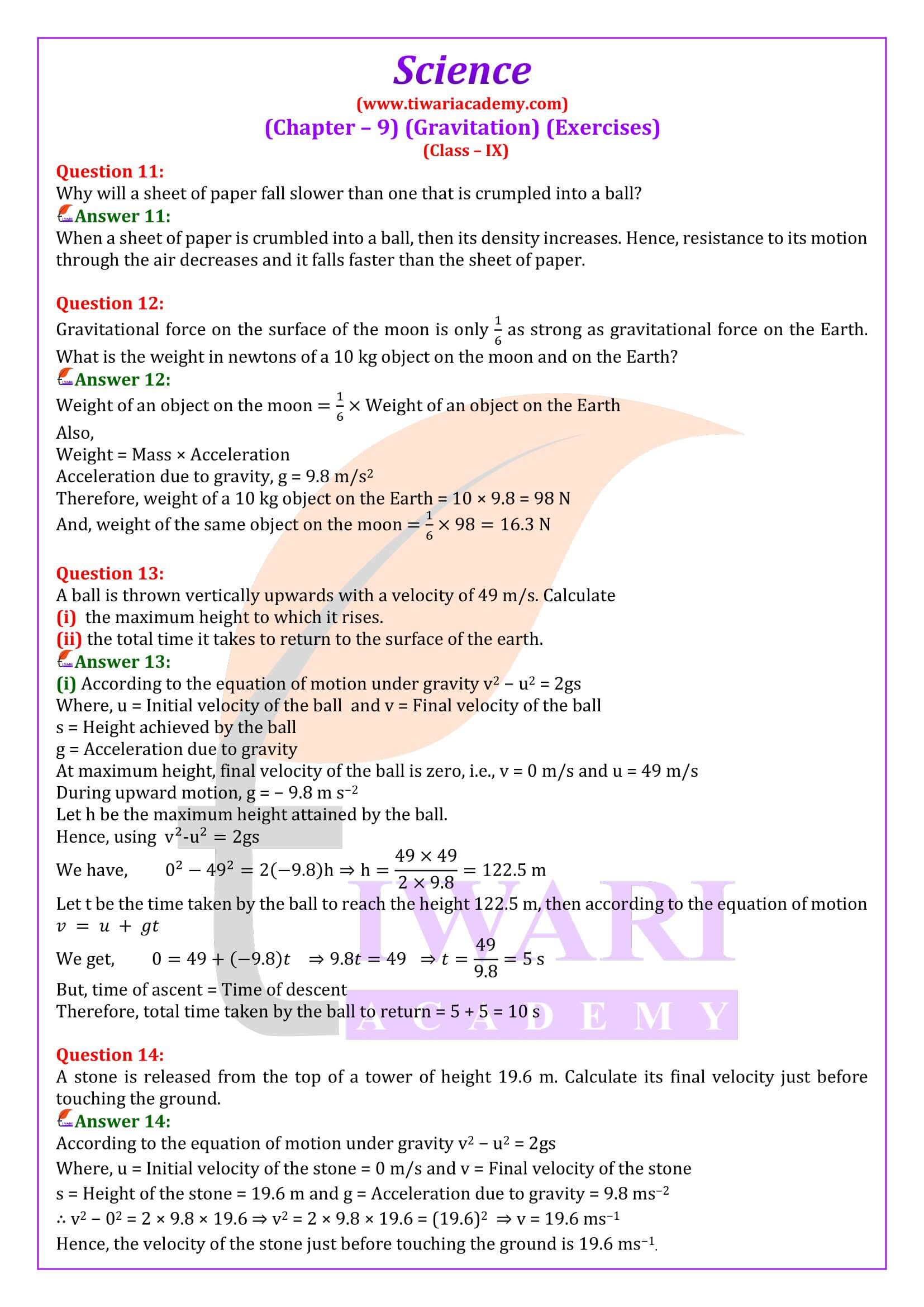 NCERT Solutions for Class 9 Science Chapter 9 Exercises