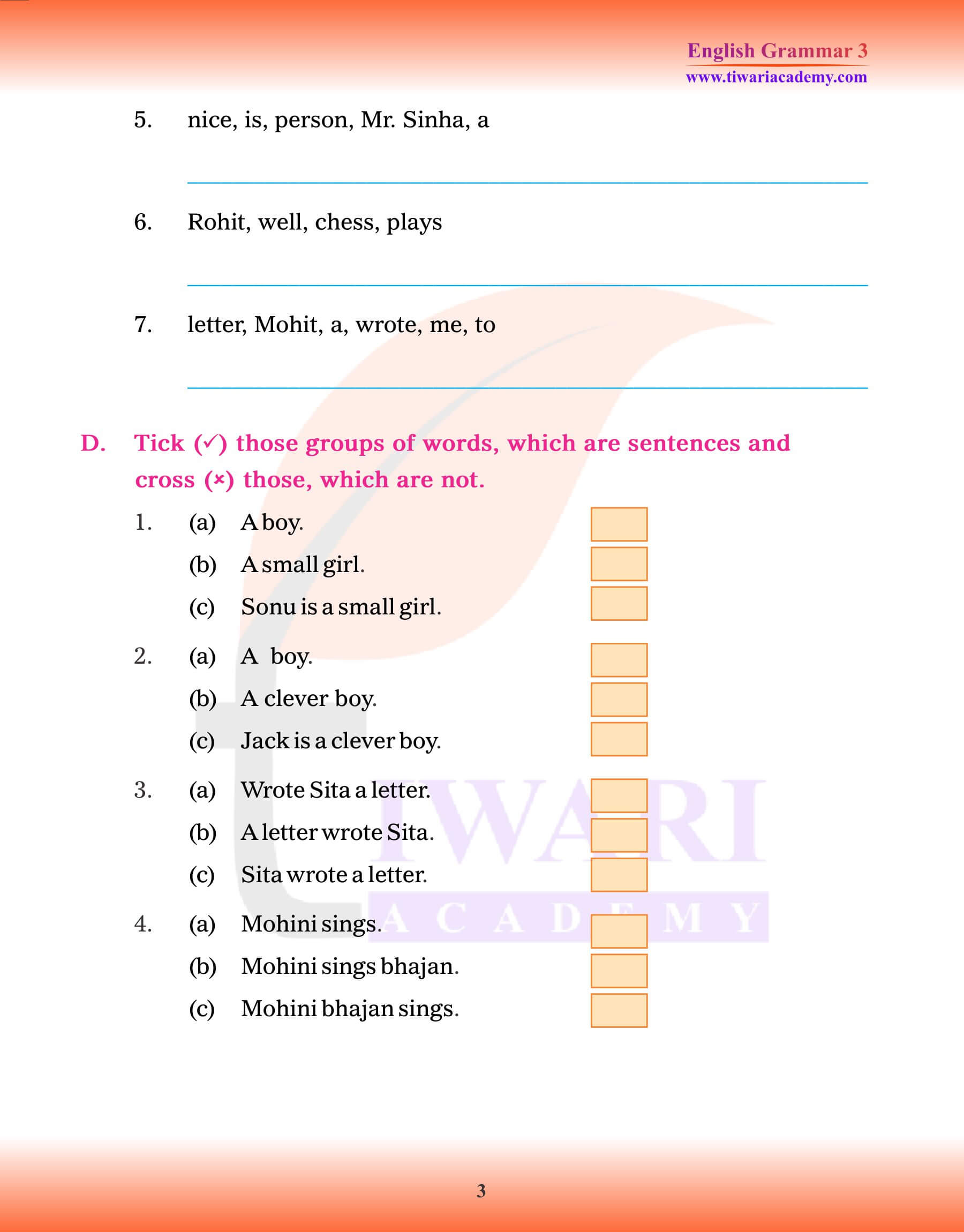 Class 3 Grammar Chapter 1 The Sentence