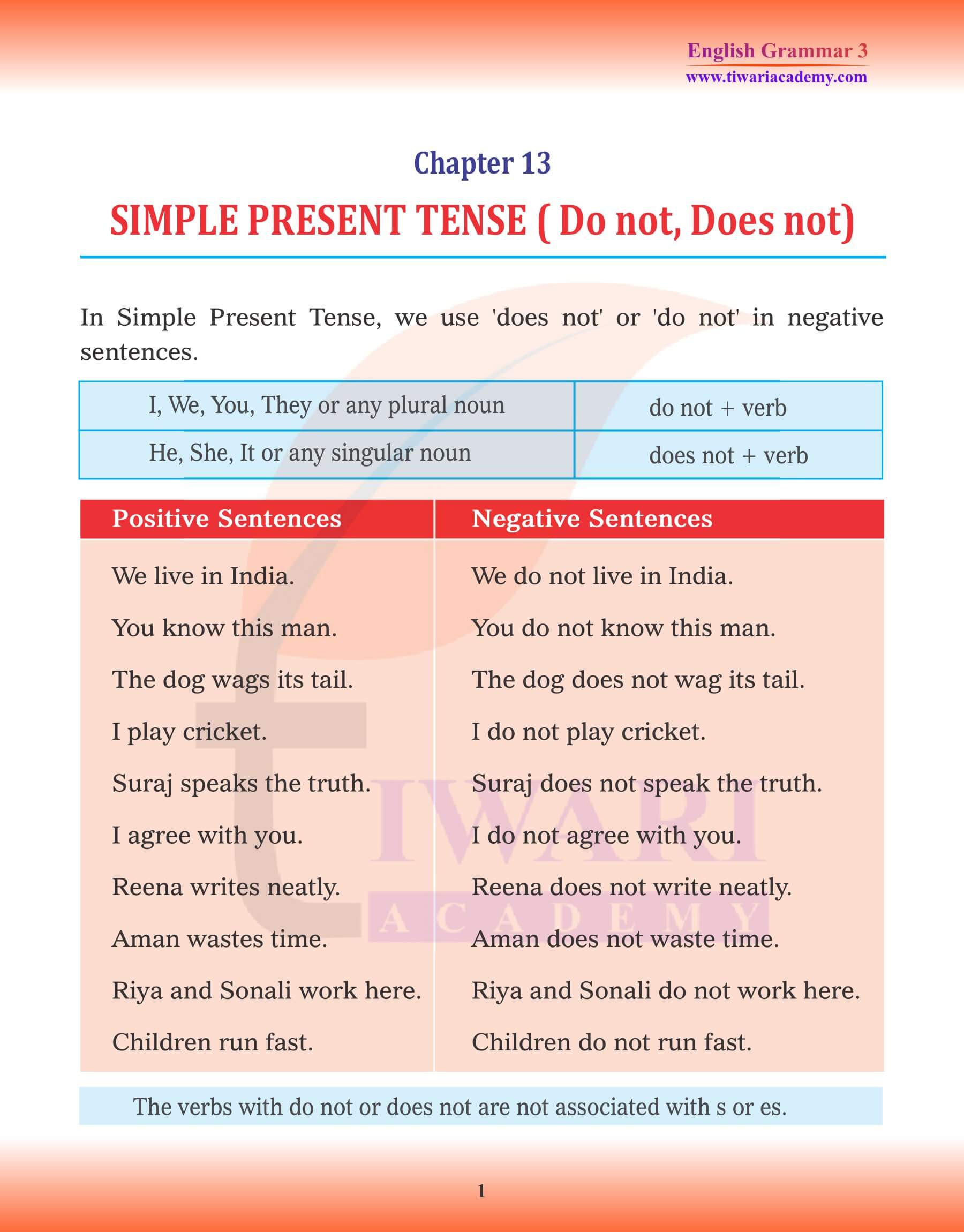 Class 3 English Grammar Chapter 13 Tense Negative