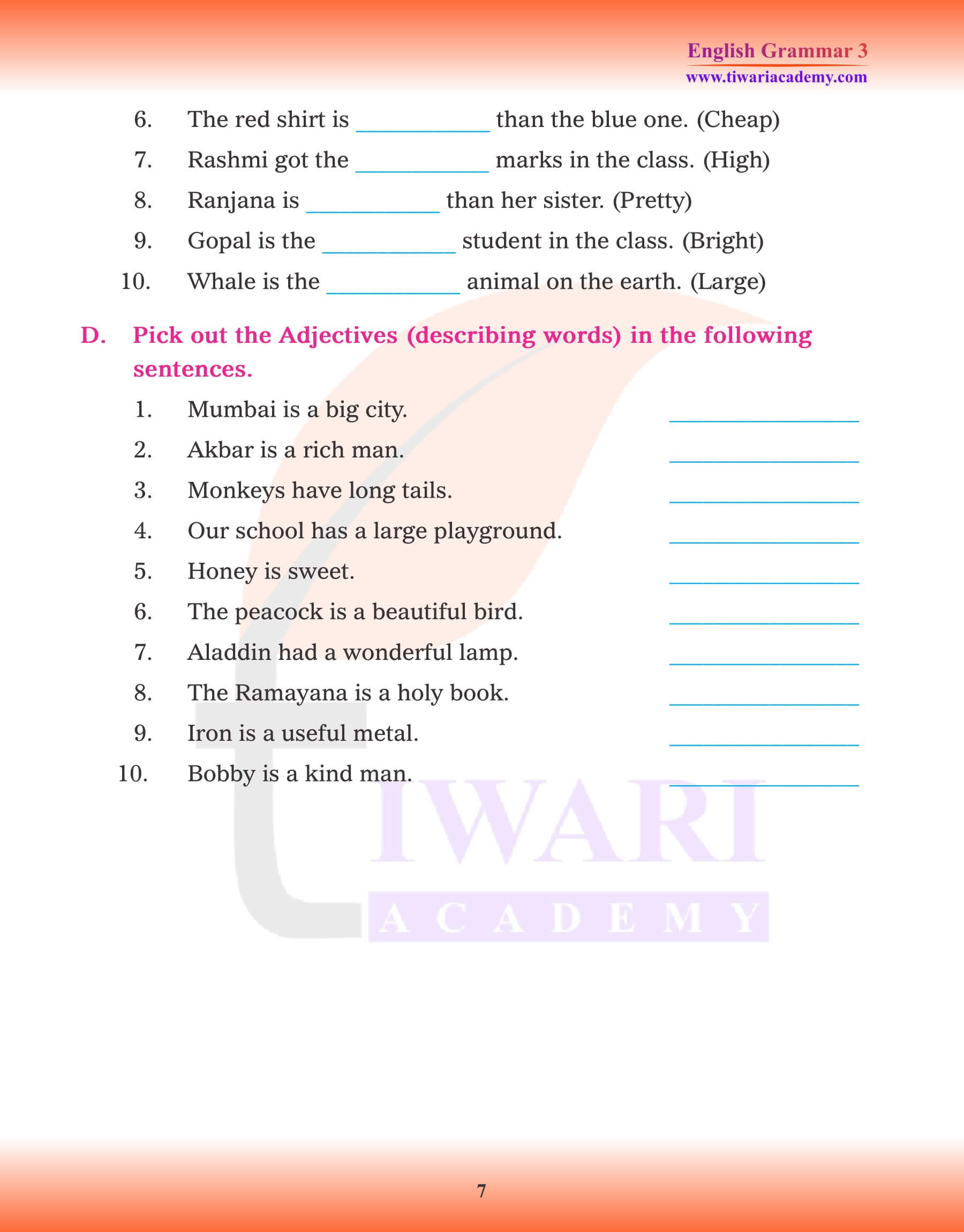 Class 3 Grammar Adjective exercises