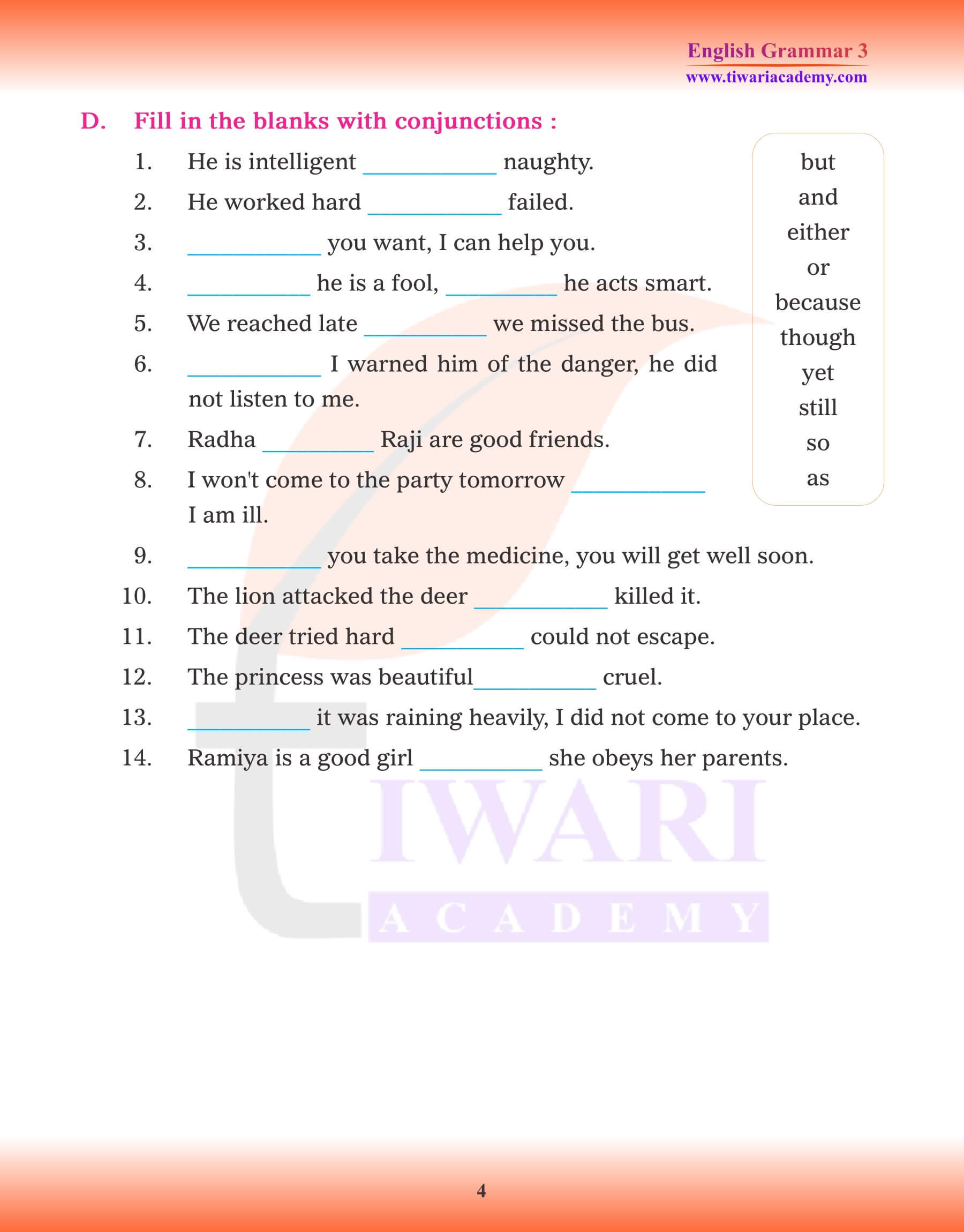 Class 3 English Grammar Conjunction Examples