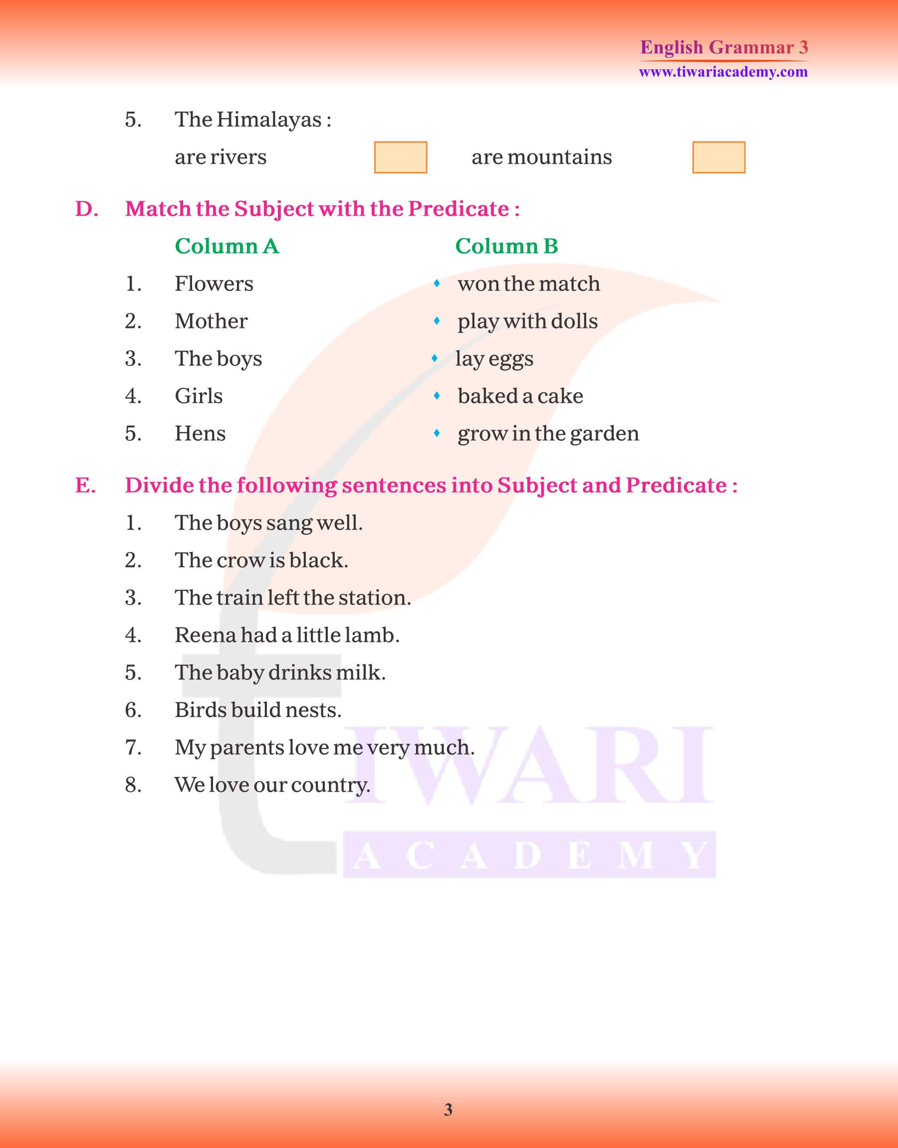 Class 3 English Grammar Parts of Sentences