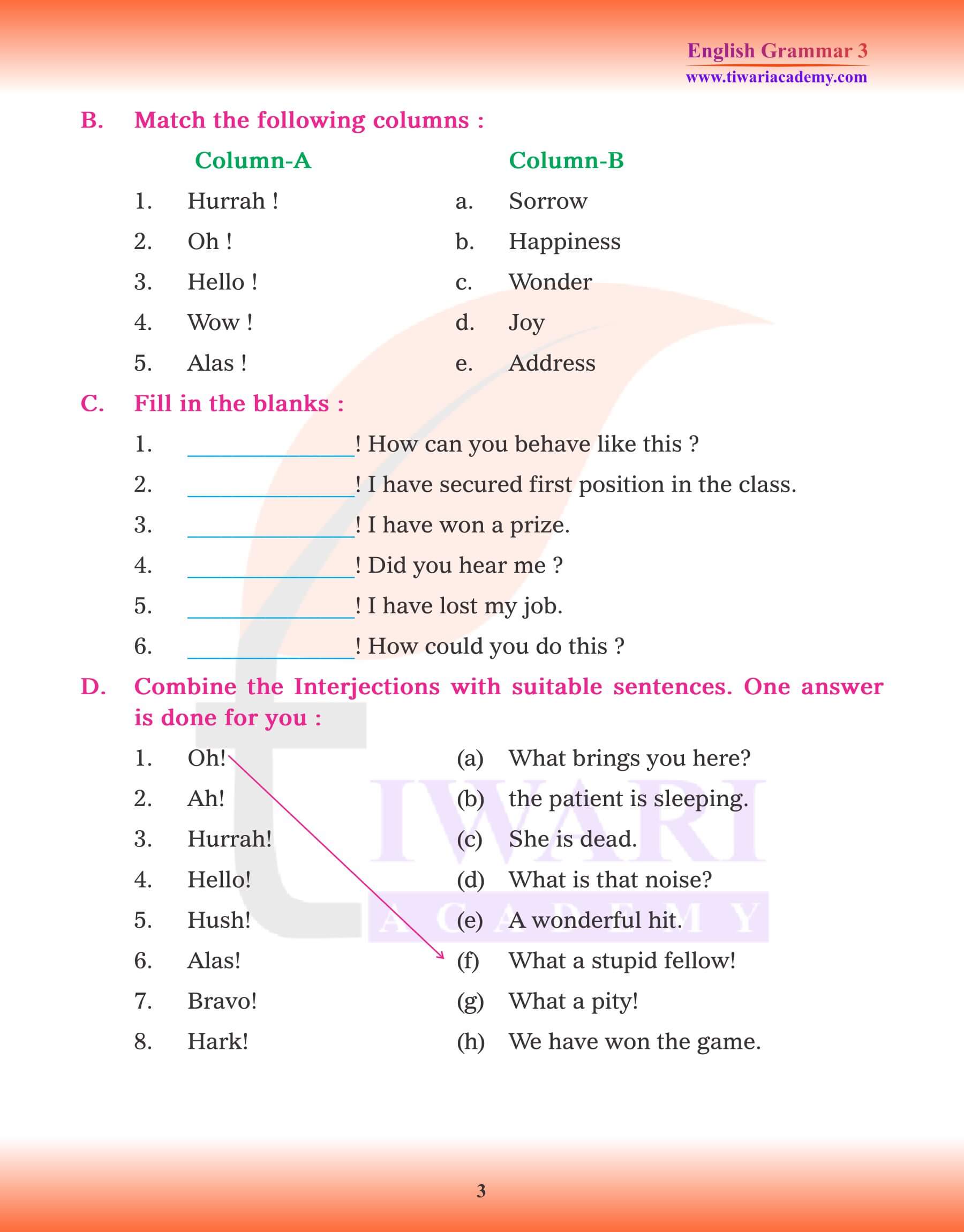 Class 3 English Grammar Interjections Exercises