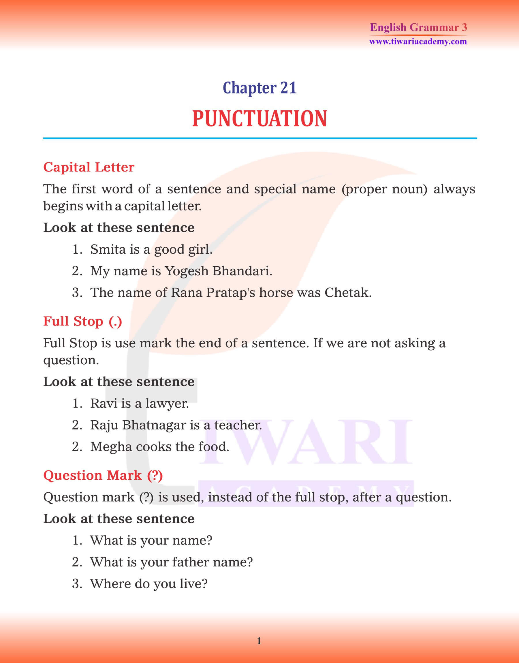 Class 3 Grammar Chapter 21 Punctuation