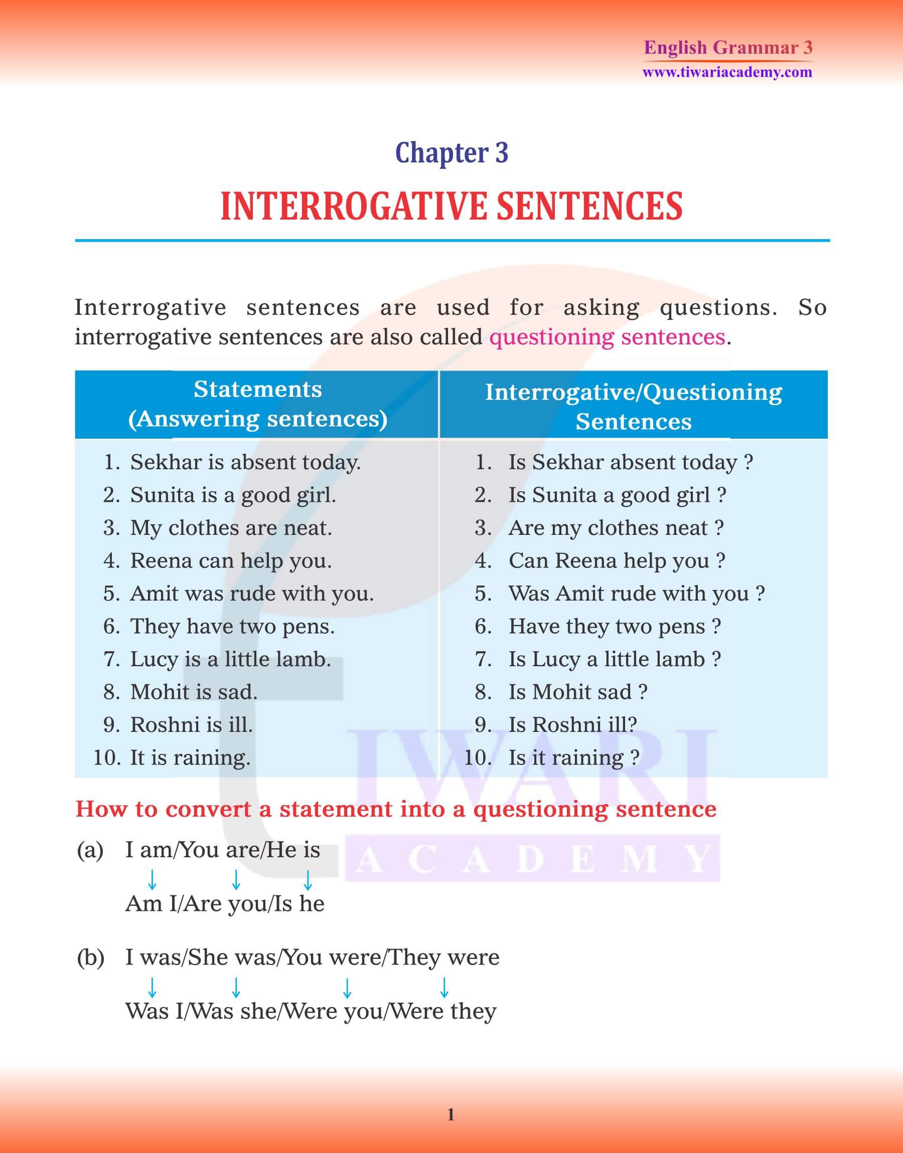 Class 3 English Grammar Chapter 3 Interrogative Sentences