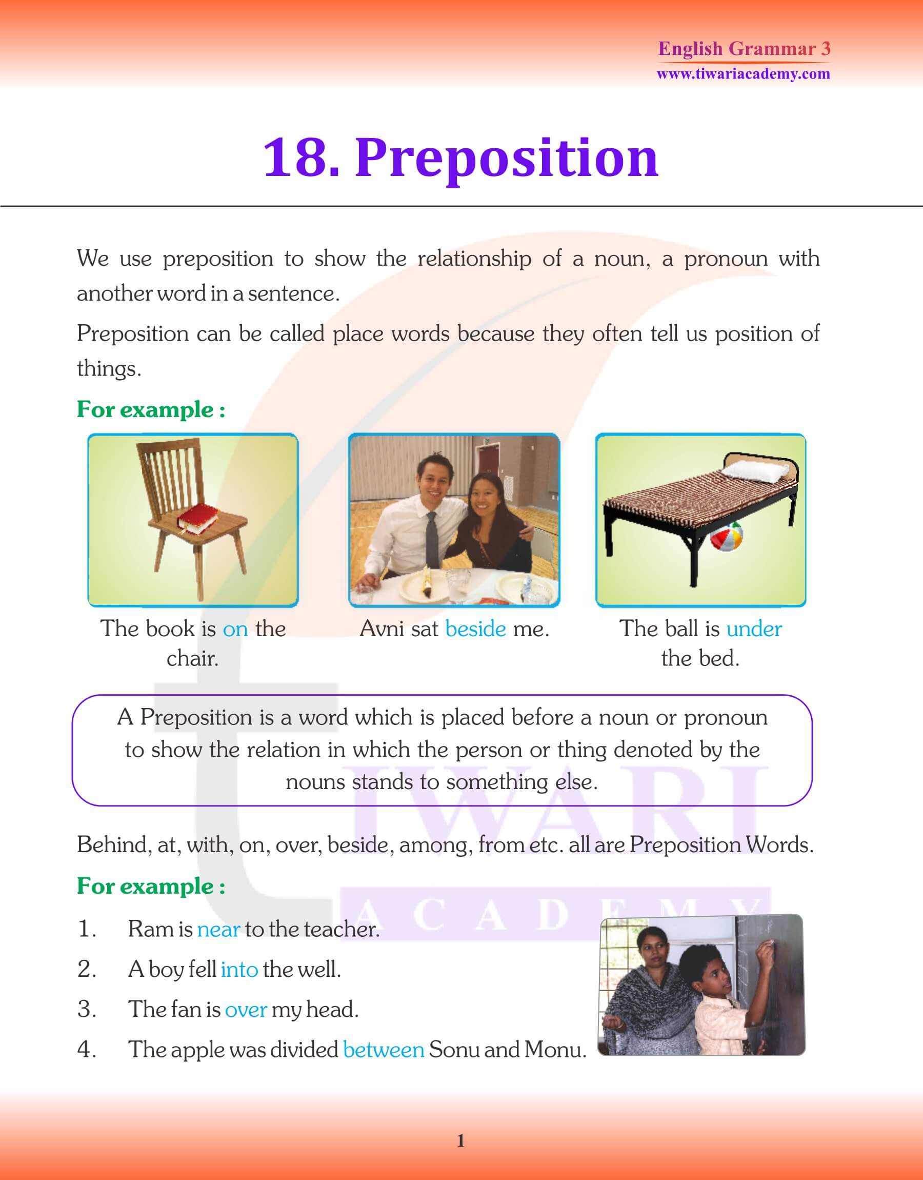 English Grammar for Grade 3 Chapter 18 Preposition