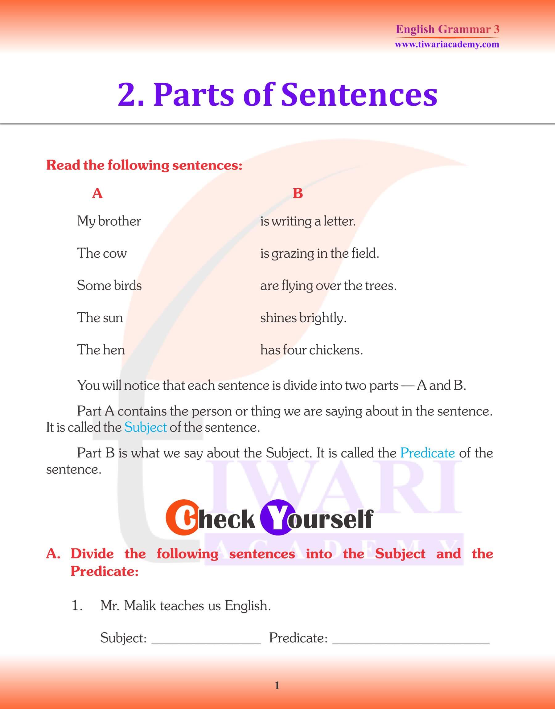 English Grammar for Grade 3 Chapter 2 Parts of Sentences