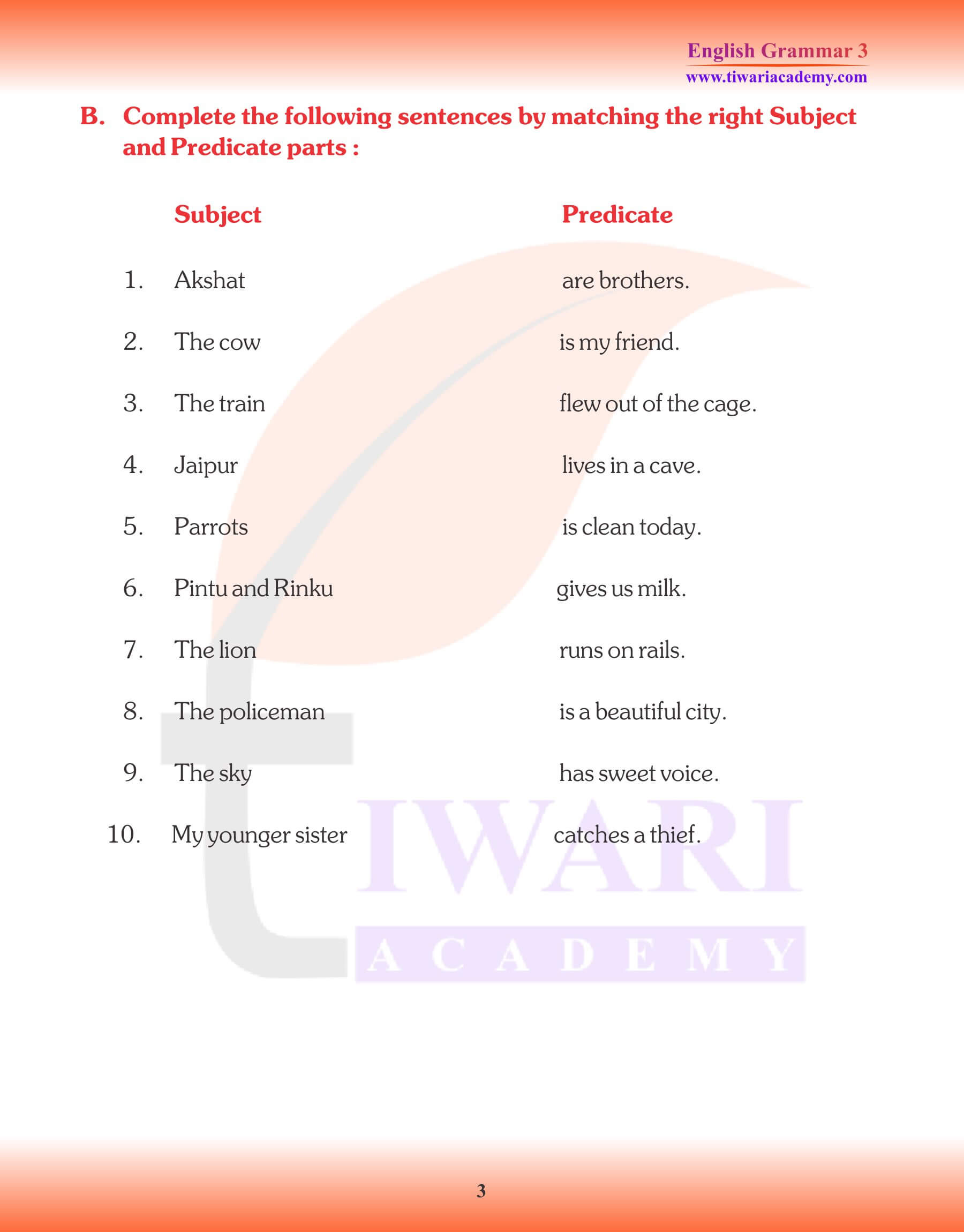 English Grammar for Grade 3 Parts of Sentences