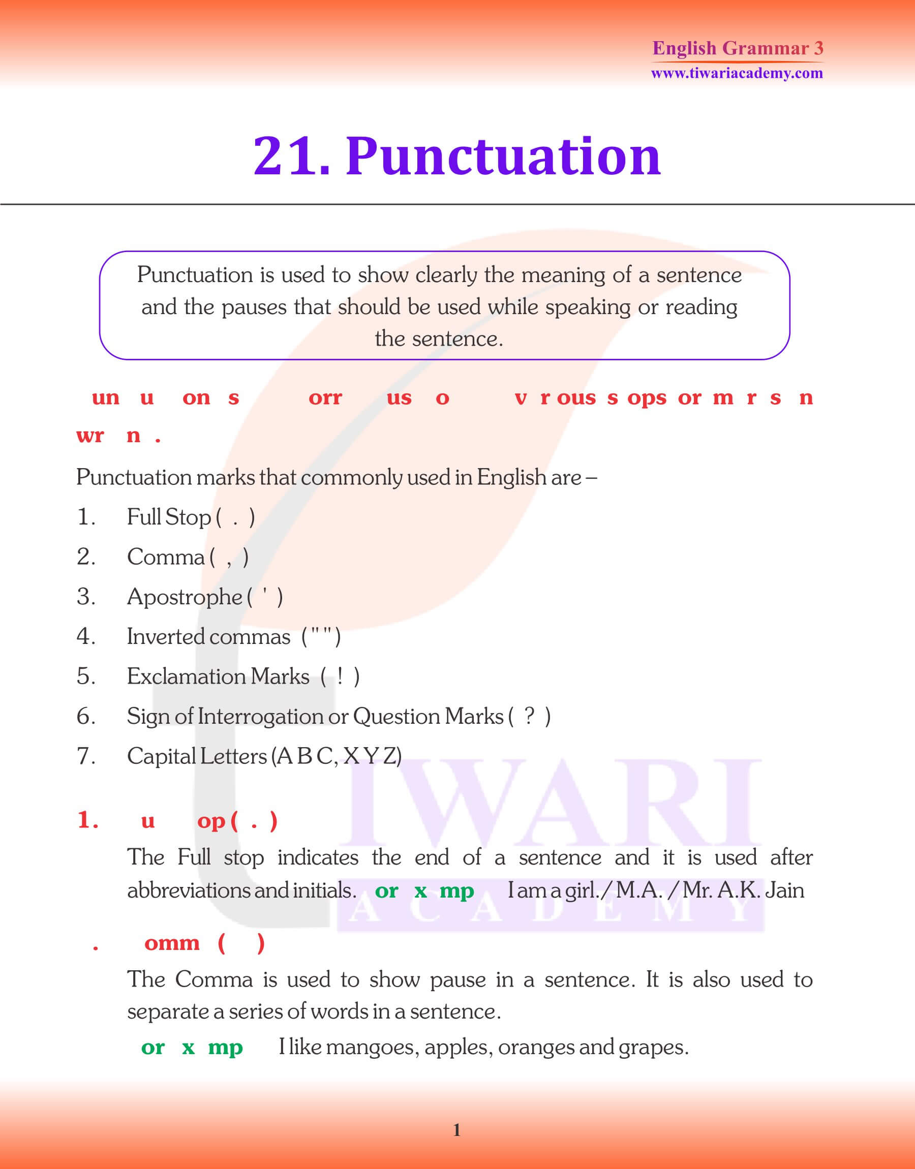 English Grammar for Grade 3 Chapter 21 Punctuation