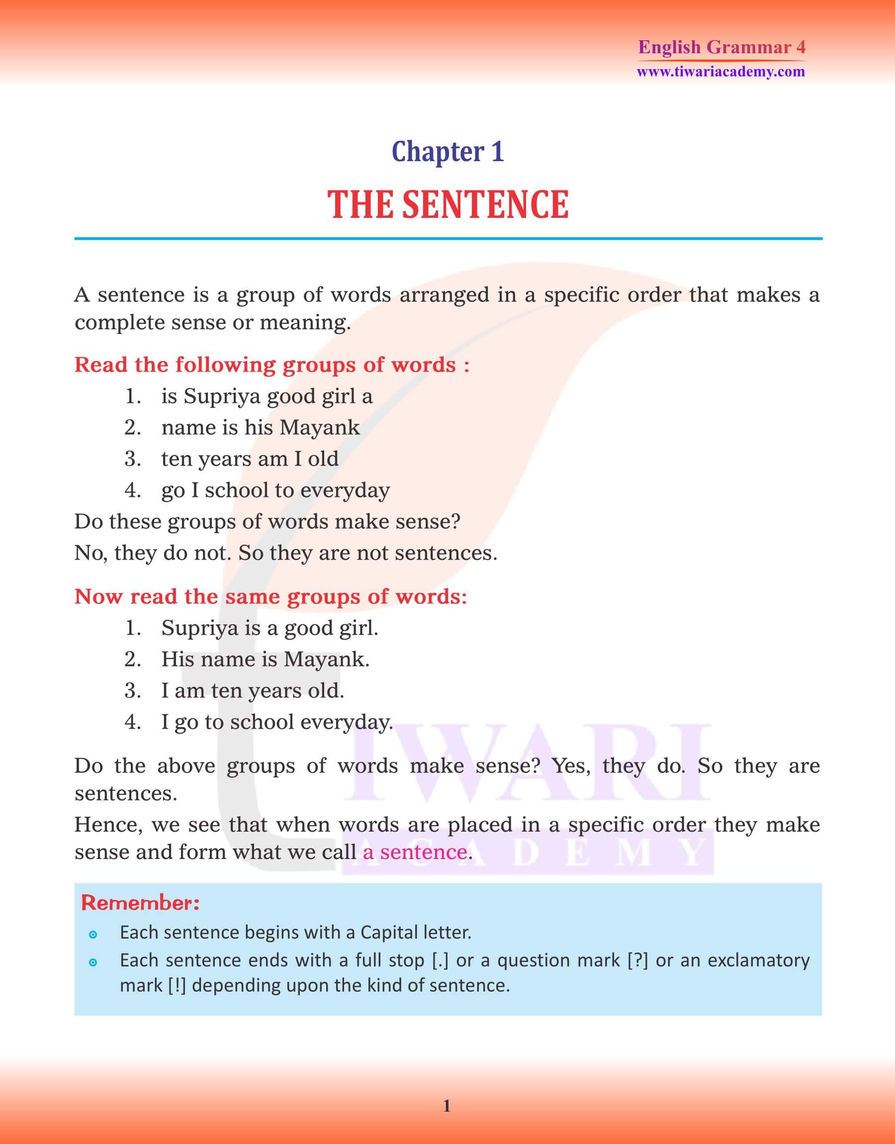 Class 4 English Grammar Chapter 1 The Sentence