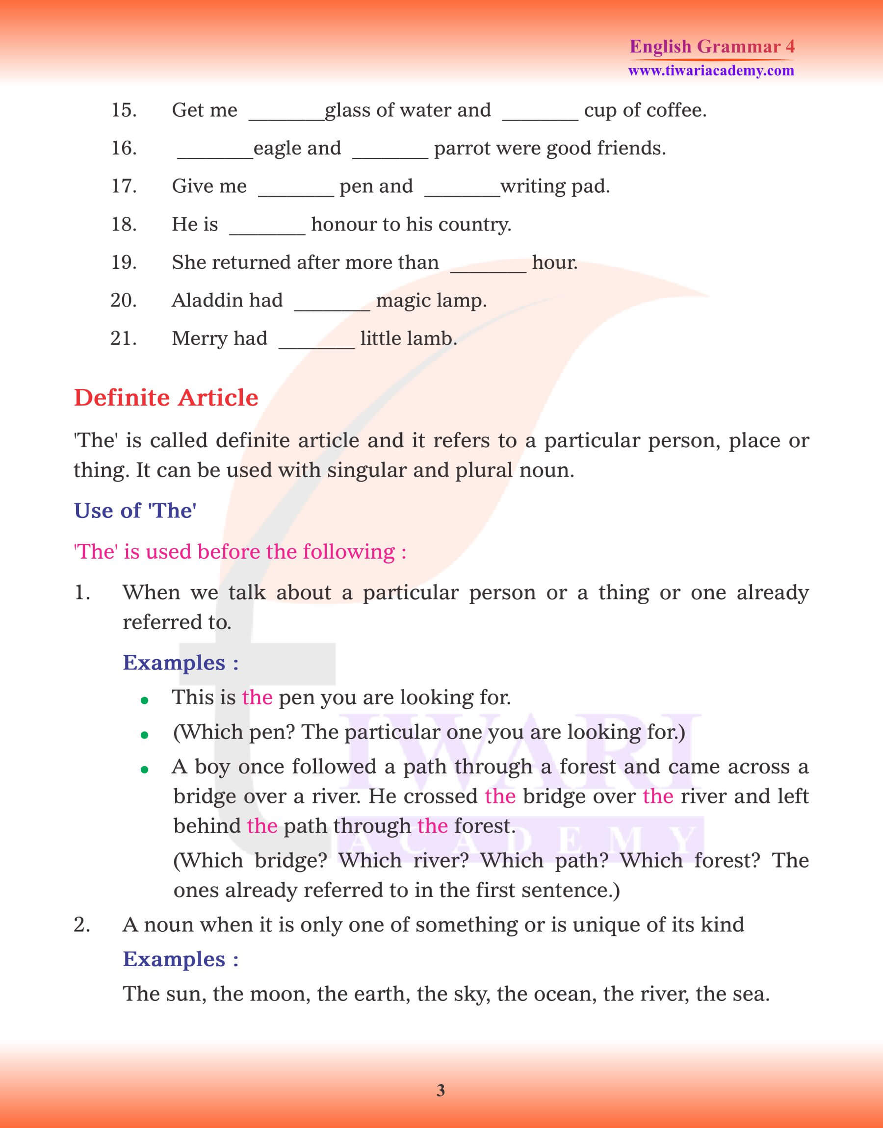 Class 4 English Grammar Articles exercises