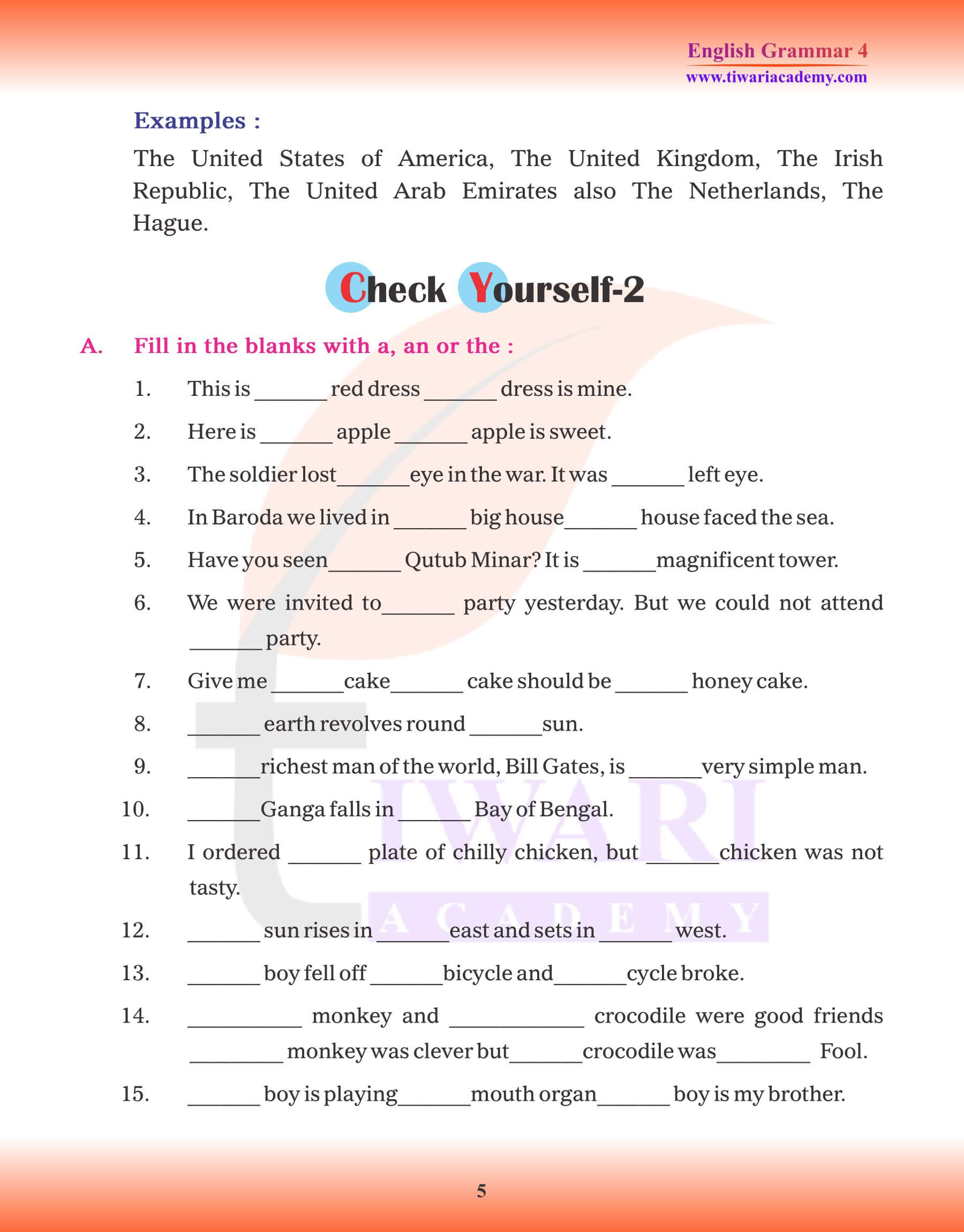 Class 4 English Grammar Articles Practice