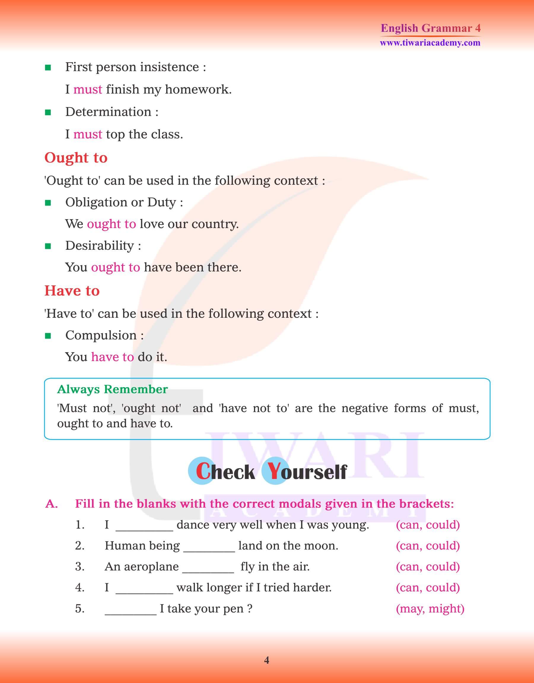 Class 4 English Grammar Types of Modals