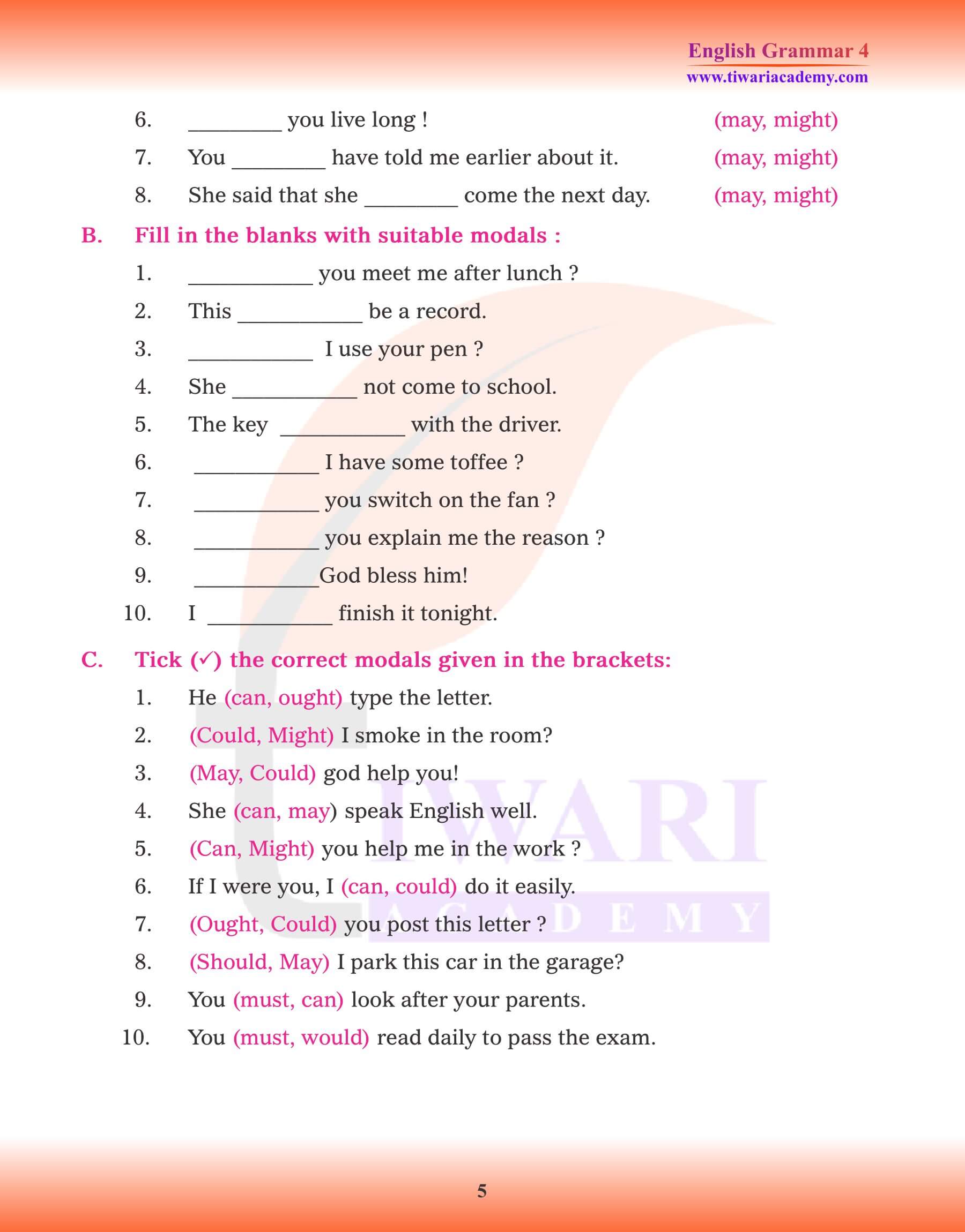 Class 4 English Grammar Examples of Modals