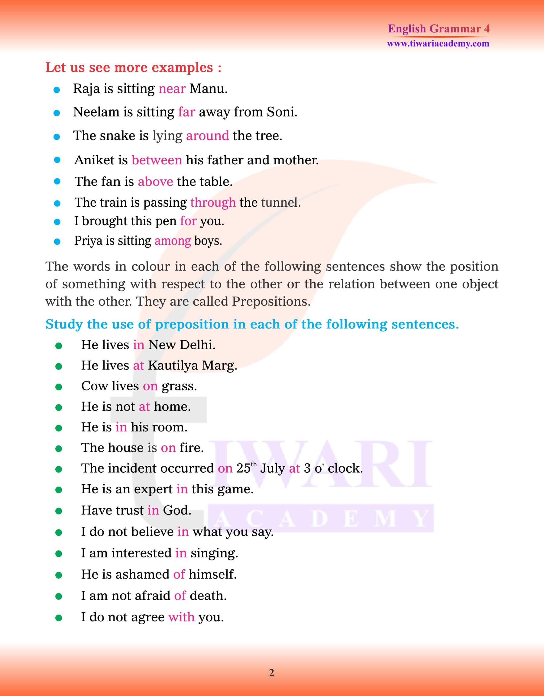 Class 4 English Grammar Chapter 14 Prepositions Types