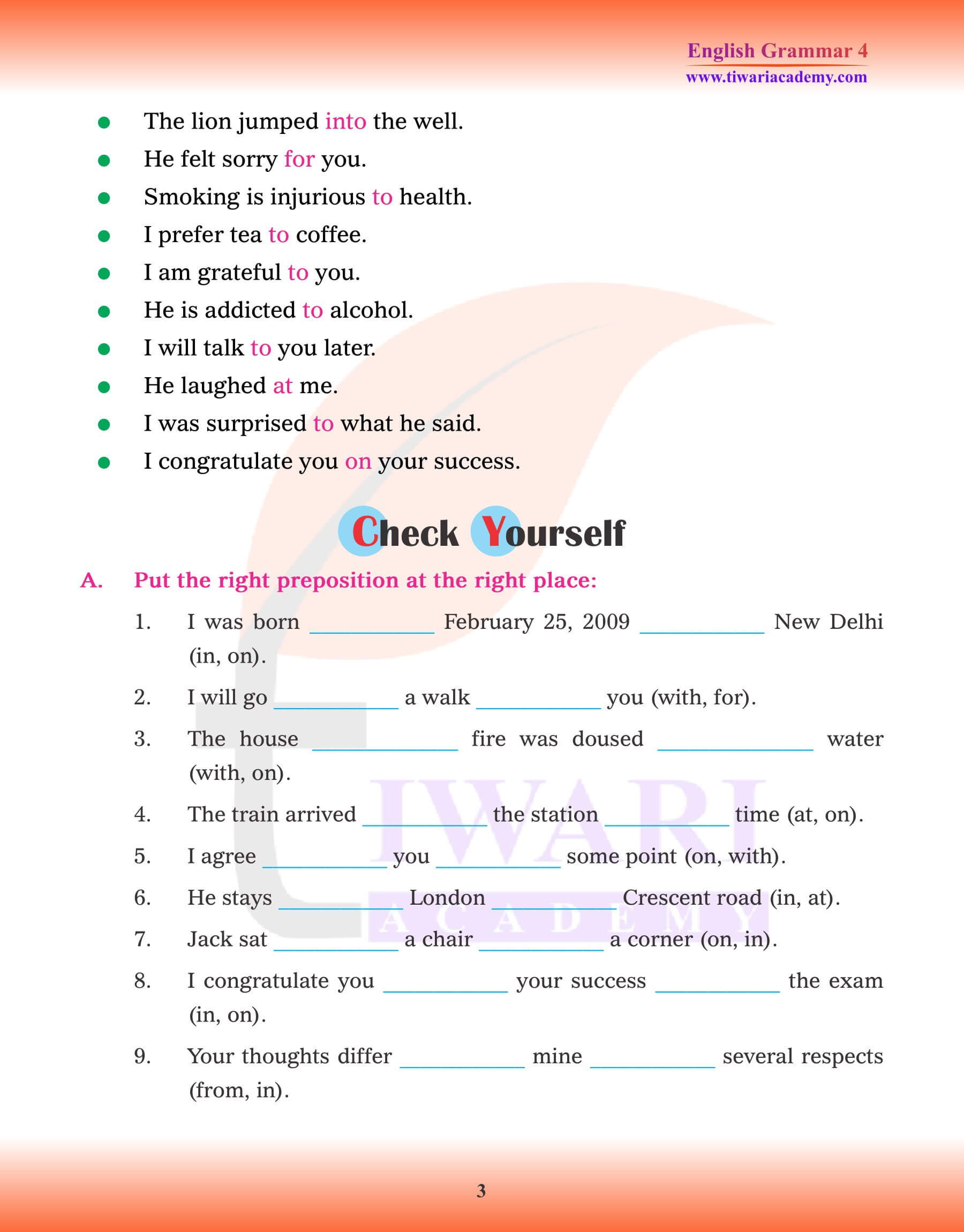 Class 4 English Grammar Chapter 14 Prepositions Exercises