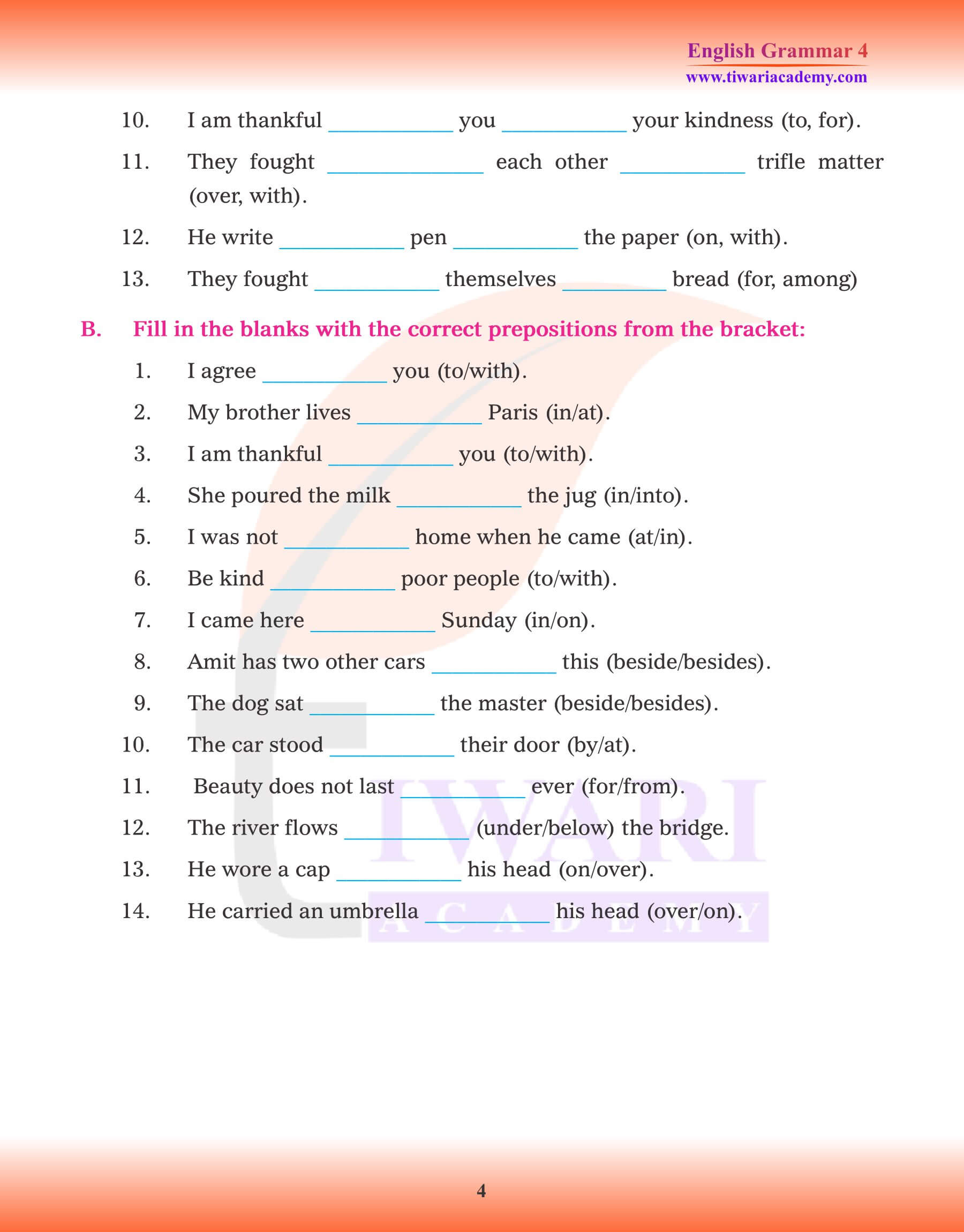 Class 4 English Grammar Chapter 14 Prepositions Assignments