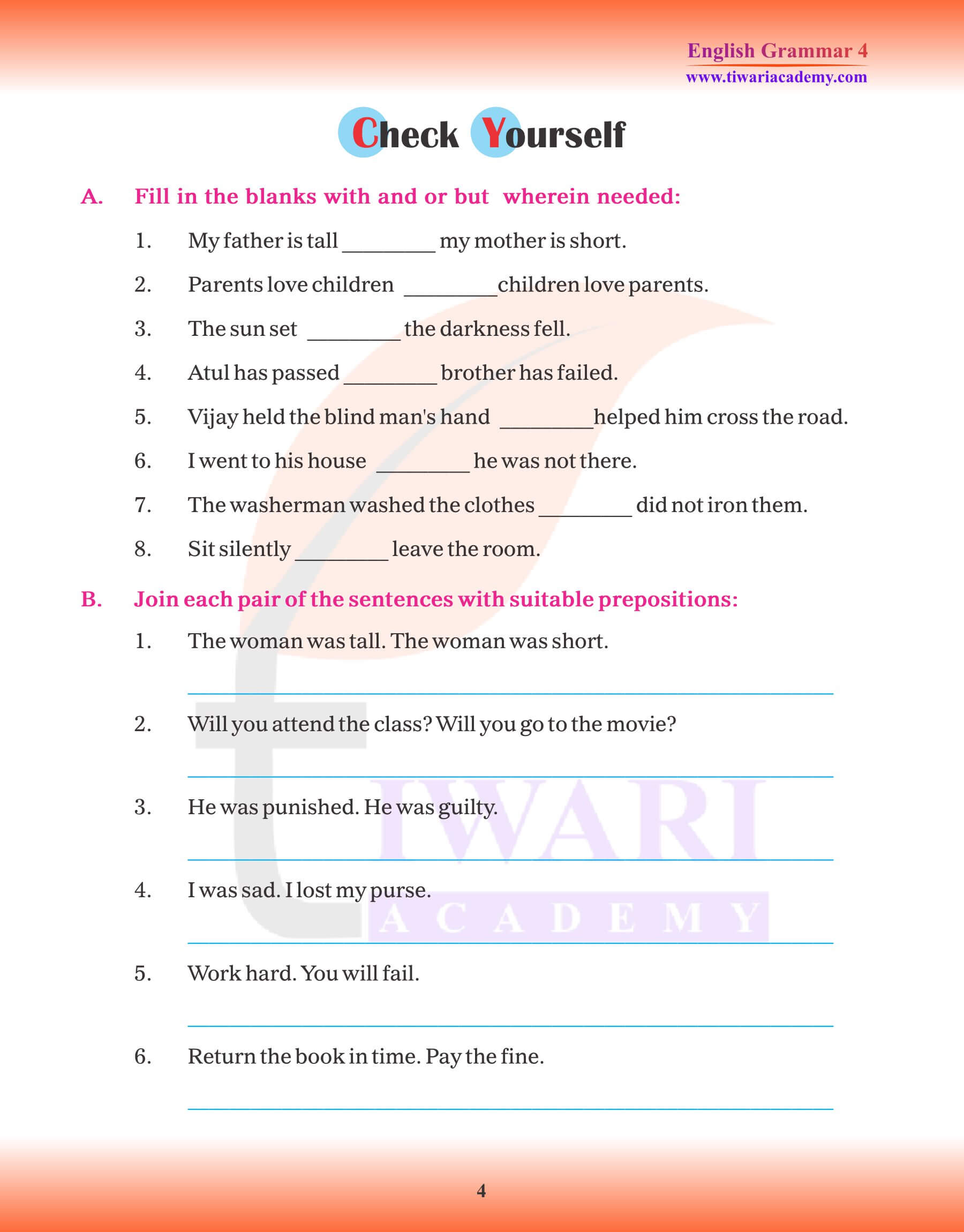 Class 4 English Grammar Conjunctions Exercises