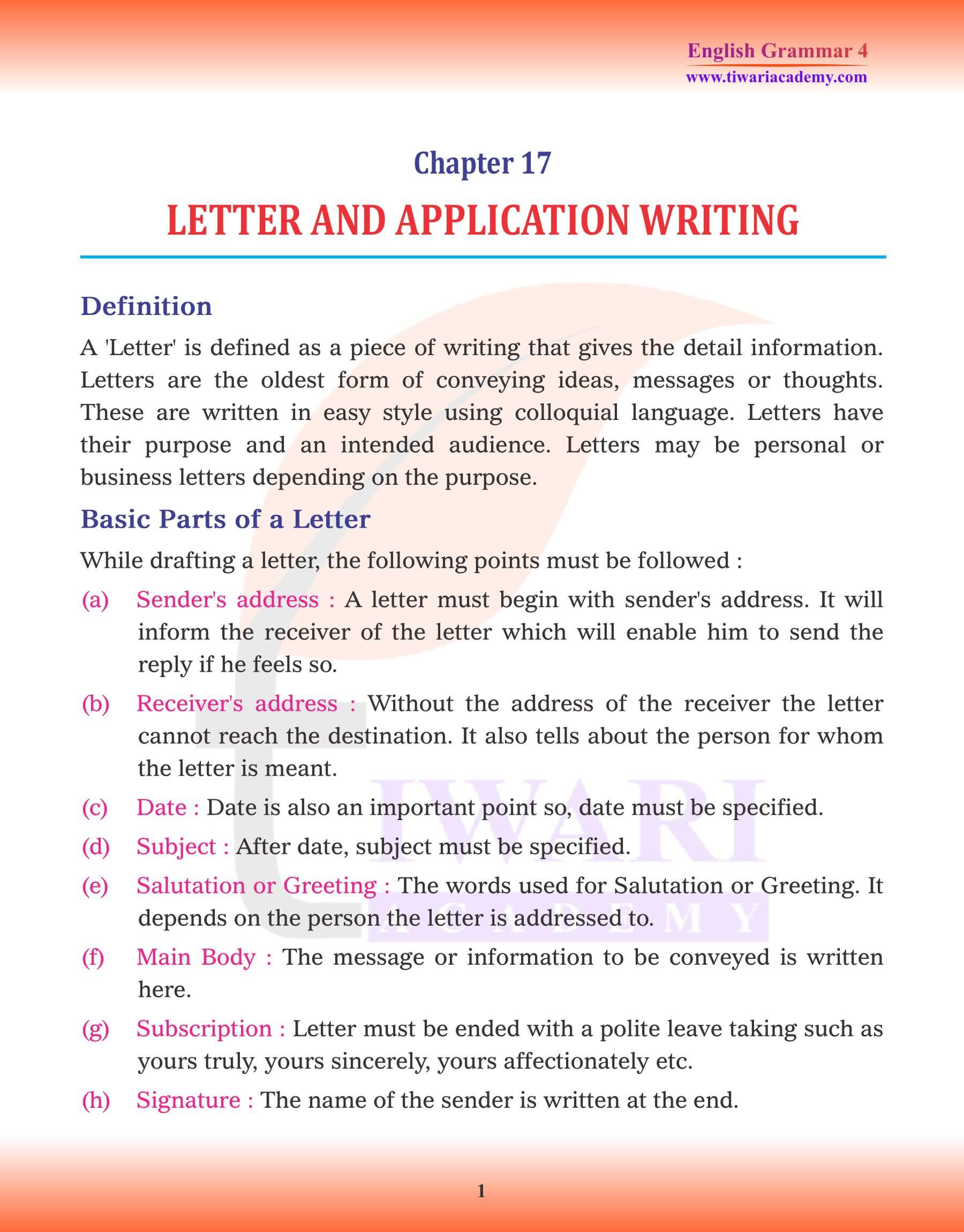 Class 4 English Grammar Letter and Application Writing