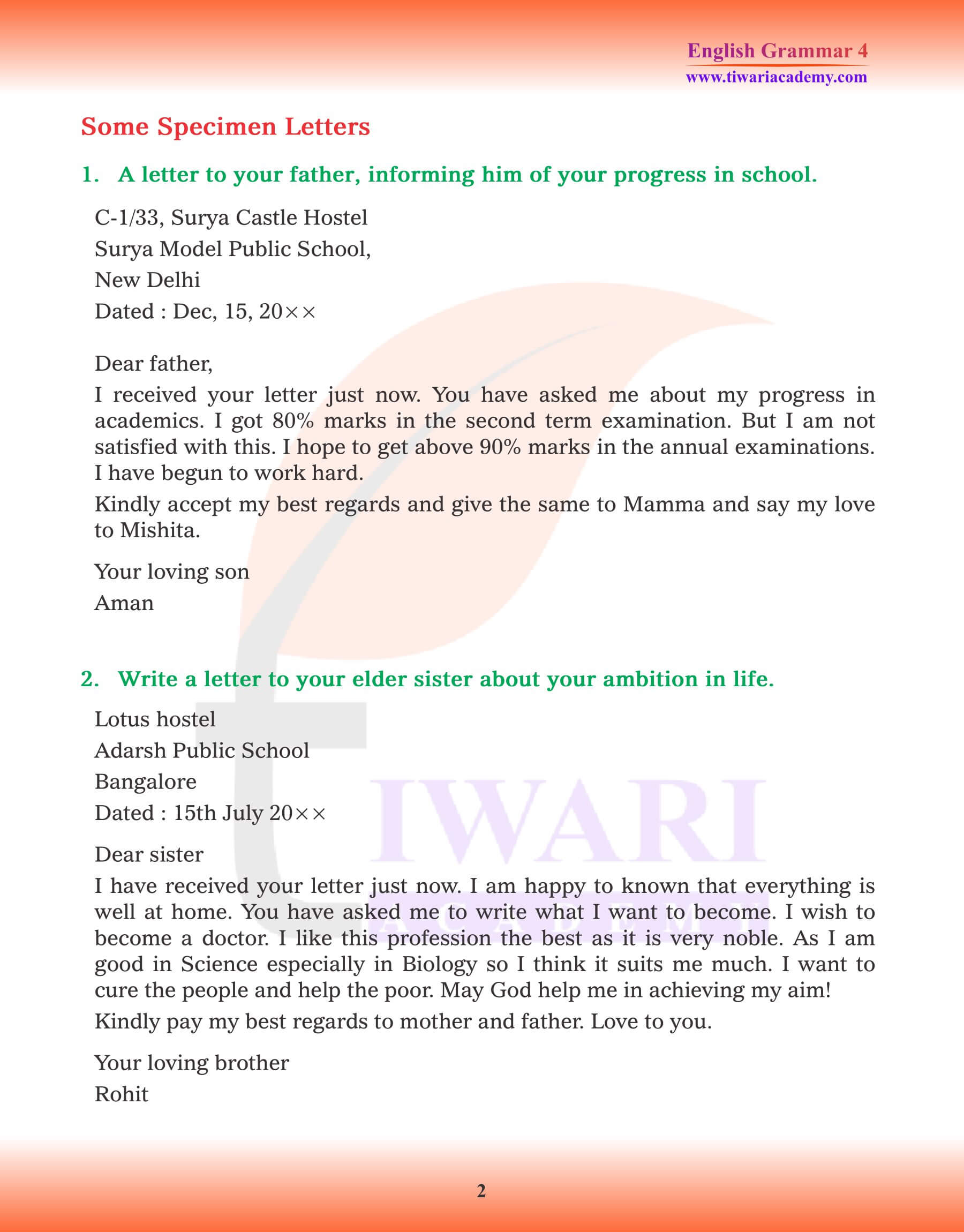 Class 4 English Grammar Letter Writing