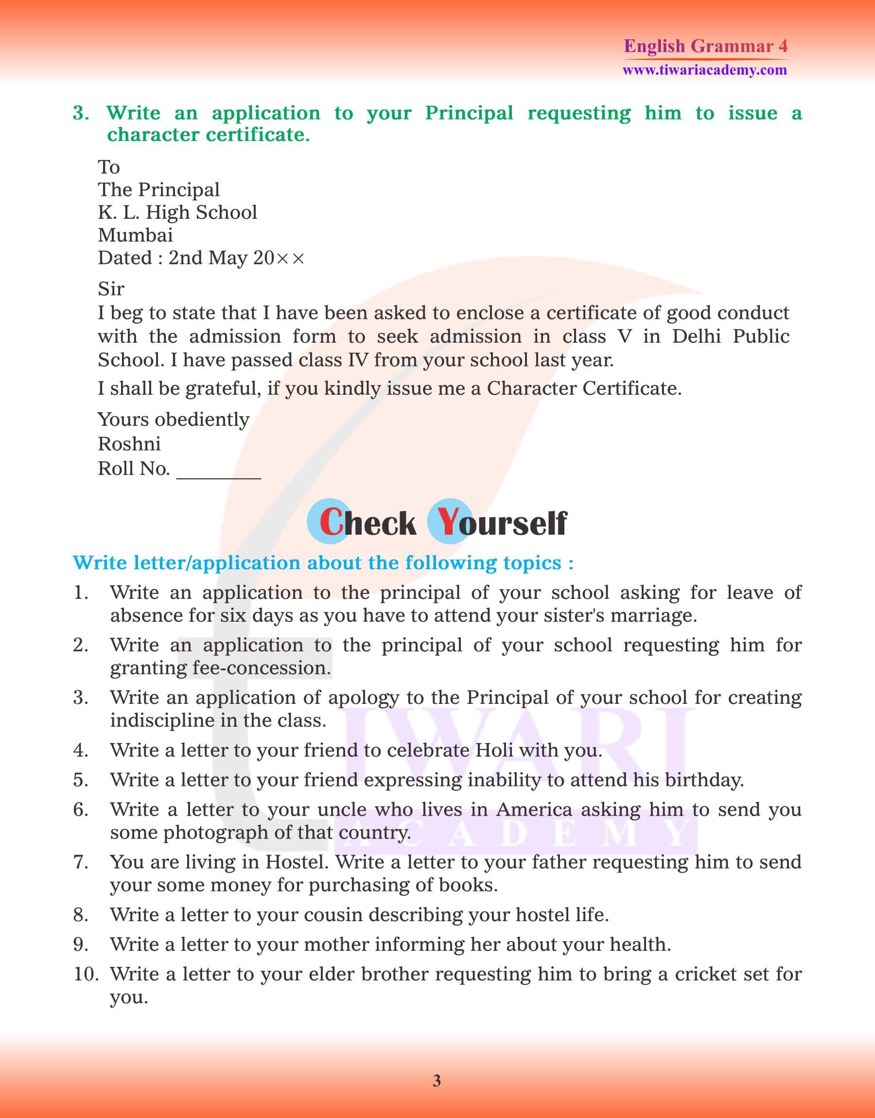 Class 4 English Grammar Application Writing