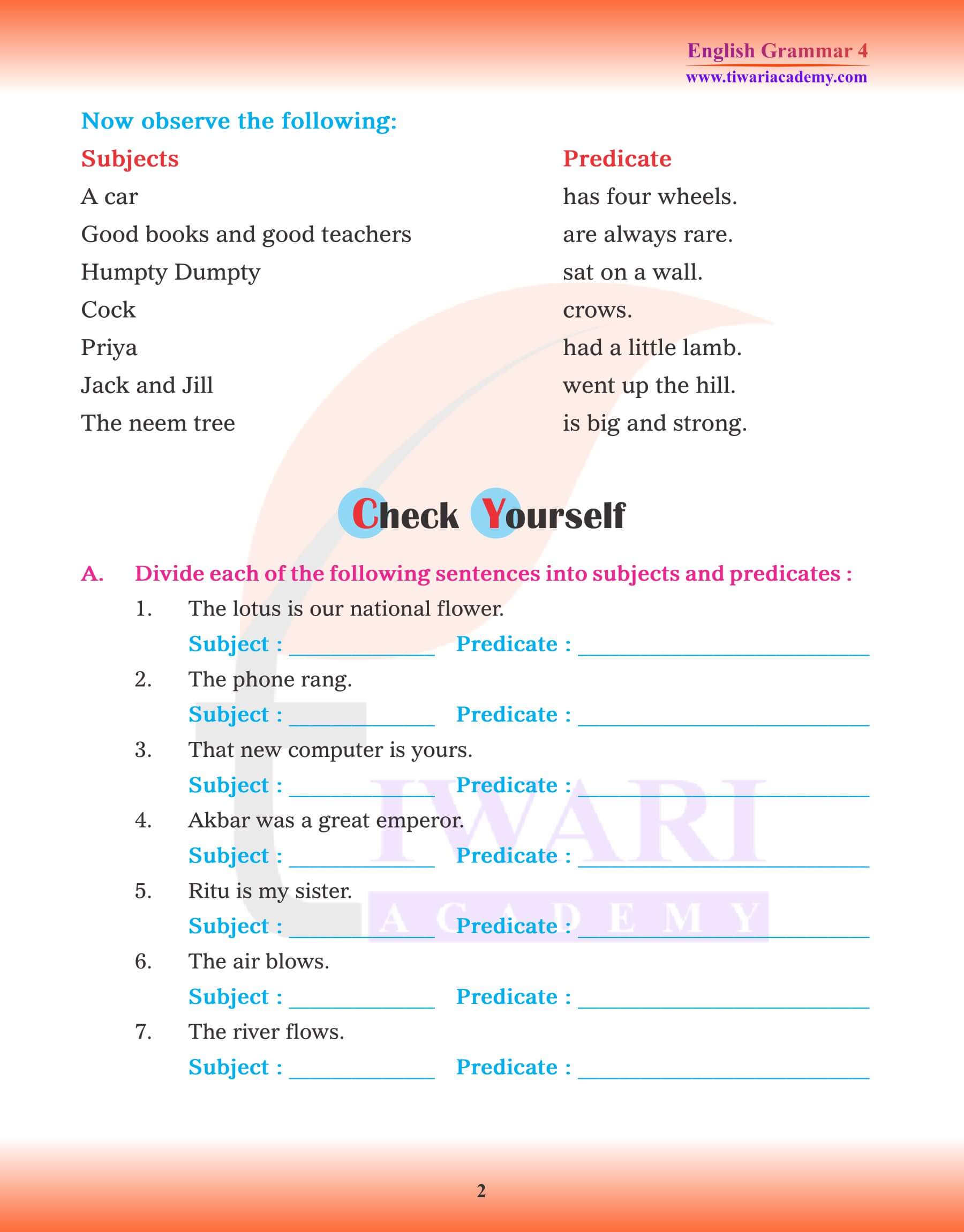 Class 4 English Grammar Parts of a Sentence