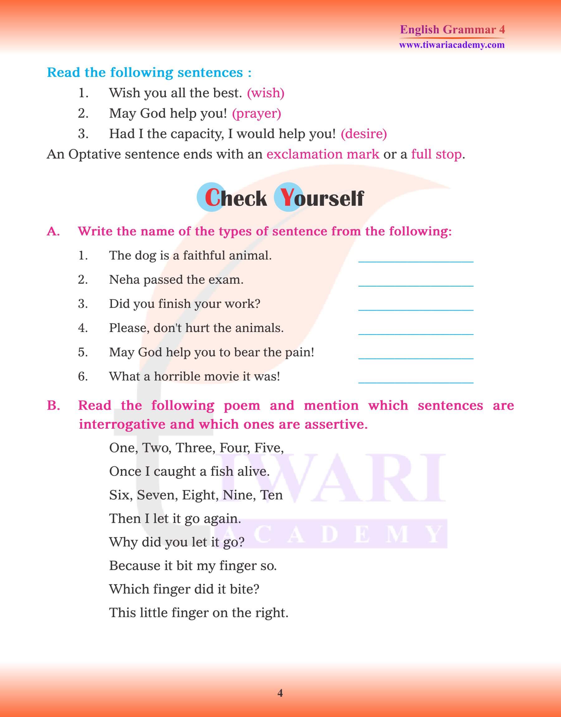 Class 4 English Grammar Kinds of Sentence Exercises