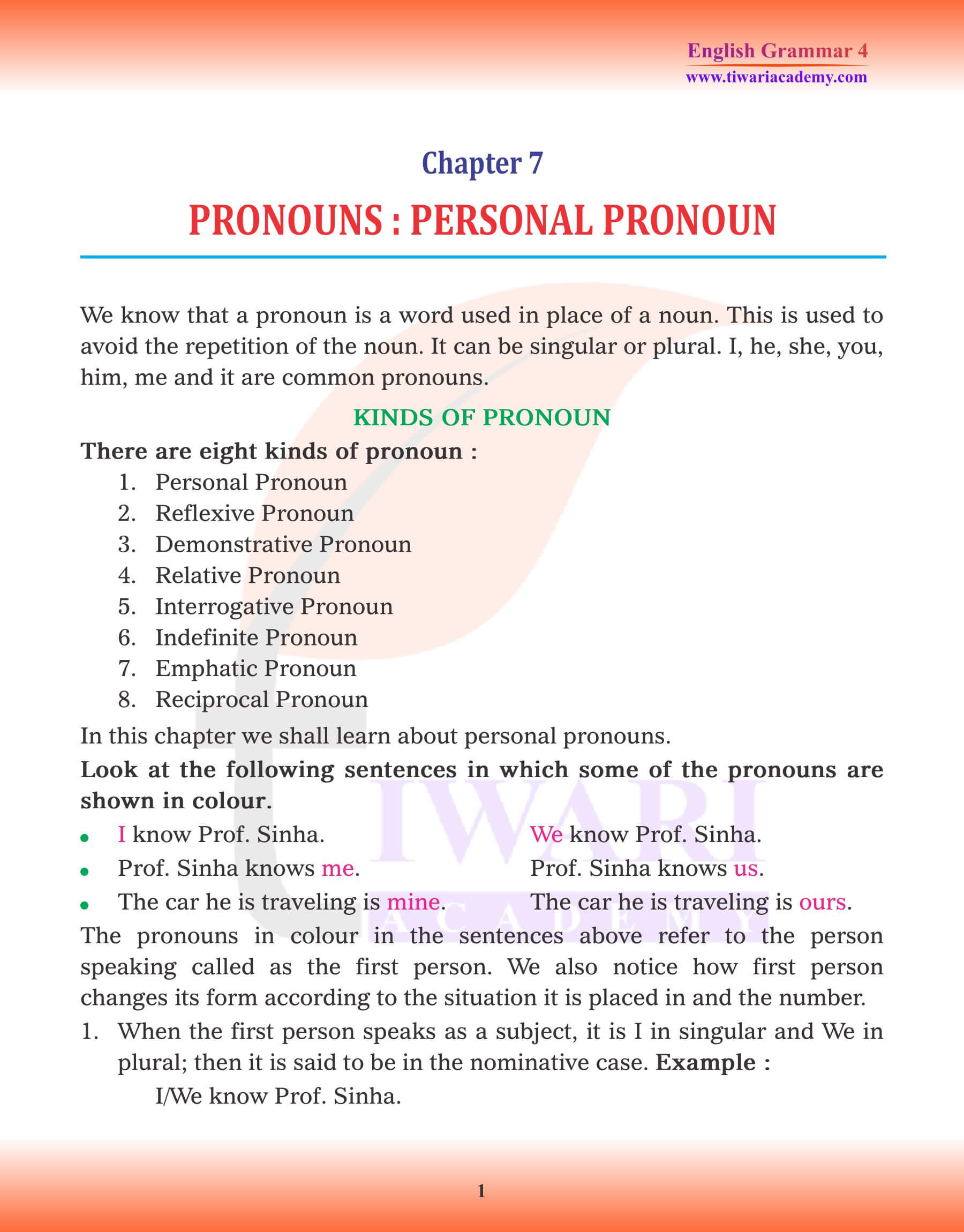 4th English Grammar Chapter 7 Personal Pronoun