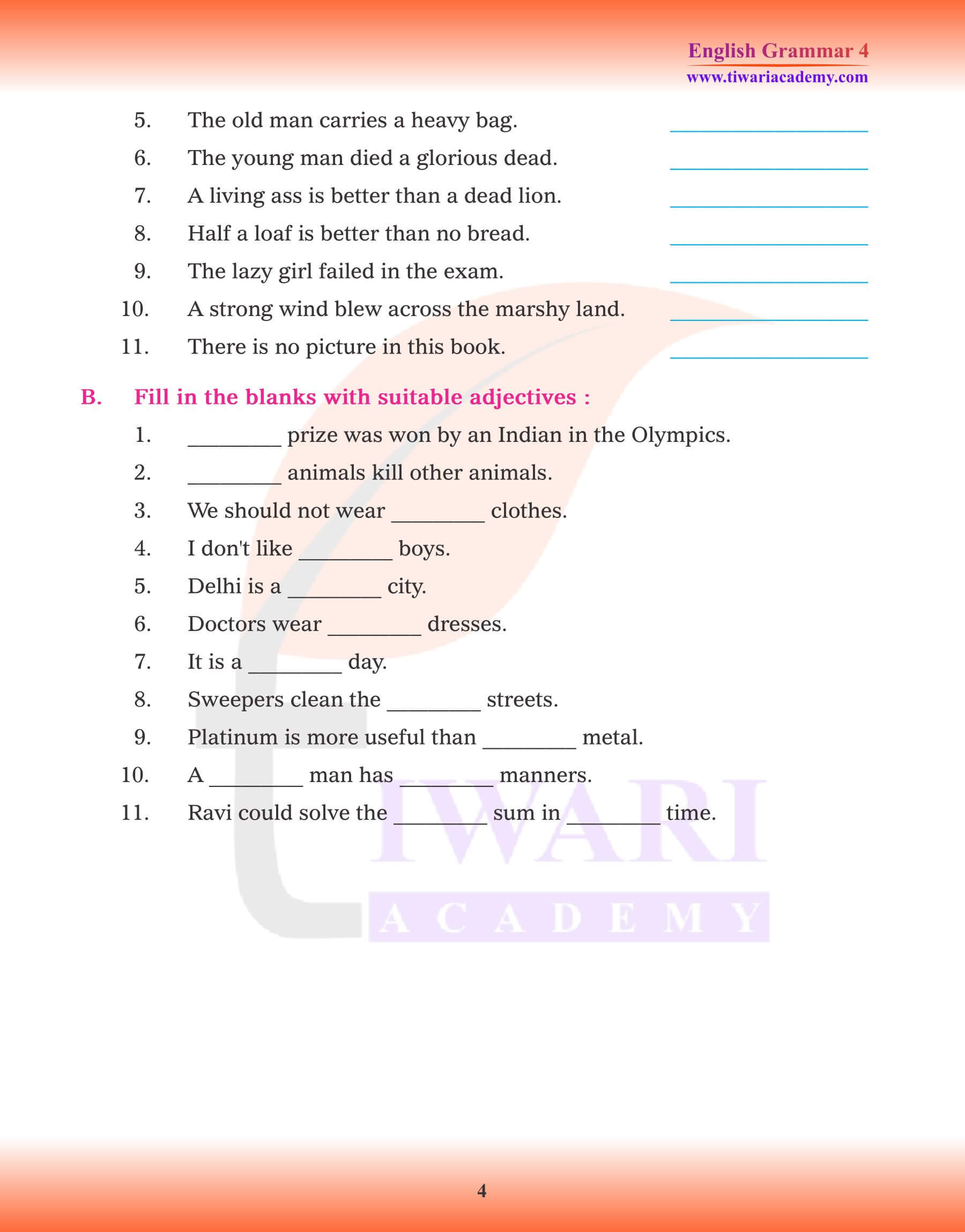 Class 4 English Grammar Adjective and their Kinds examples
