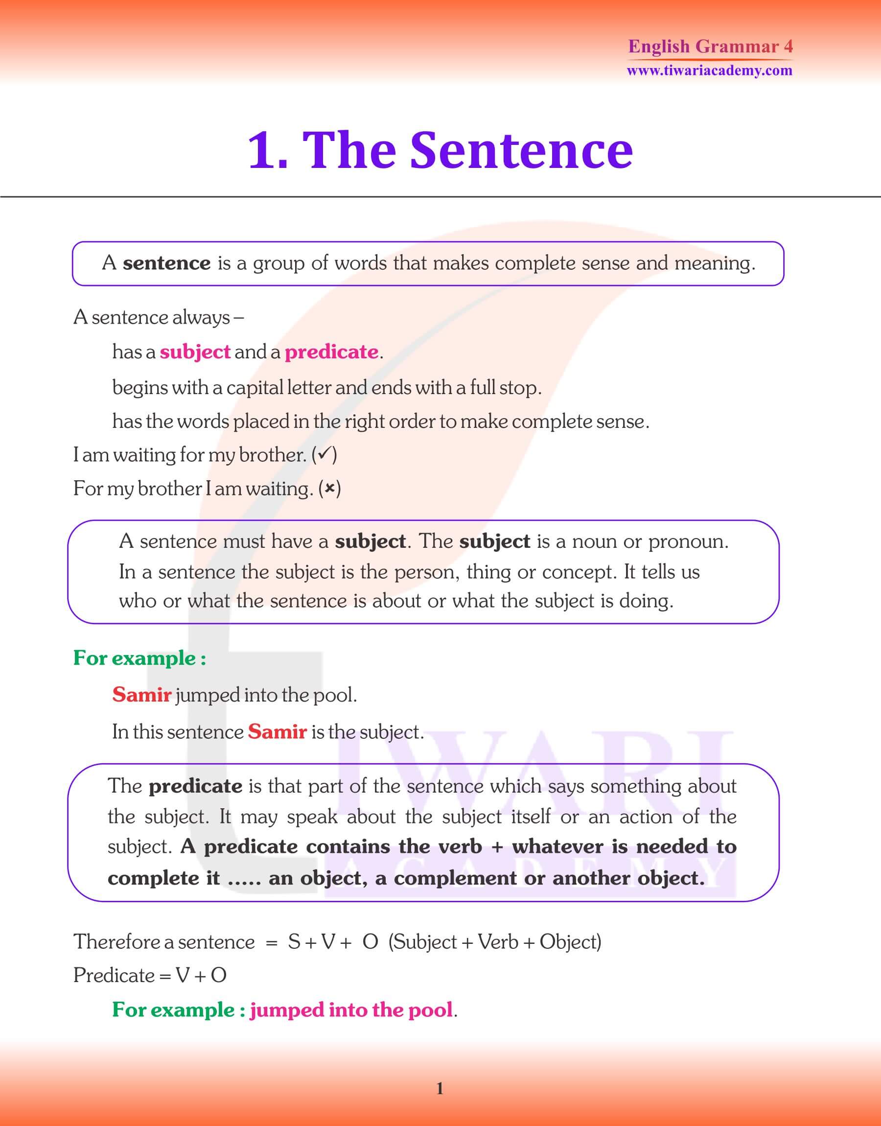 NCERT Class 4 English Grammar Chapter 1 The Sentence