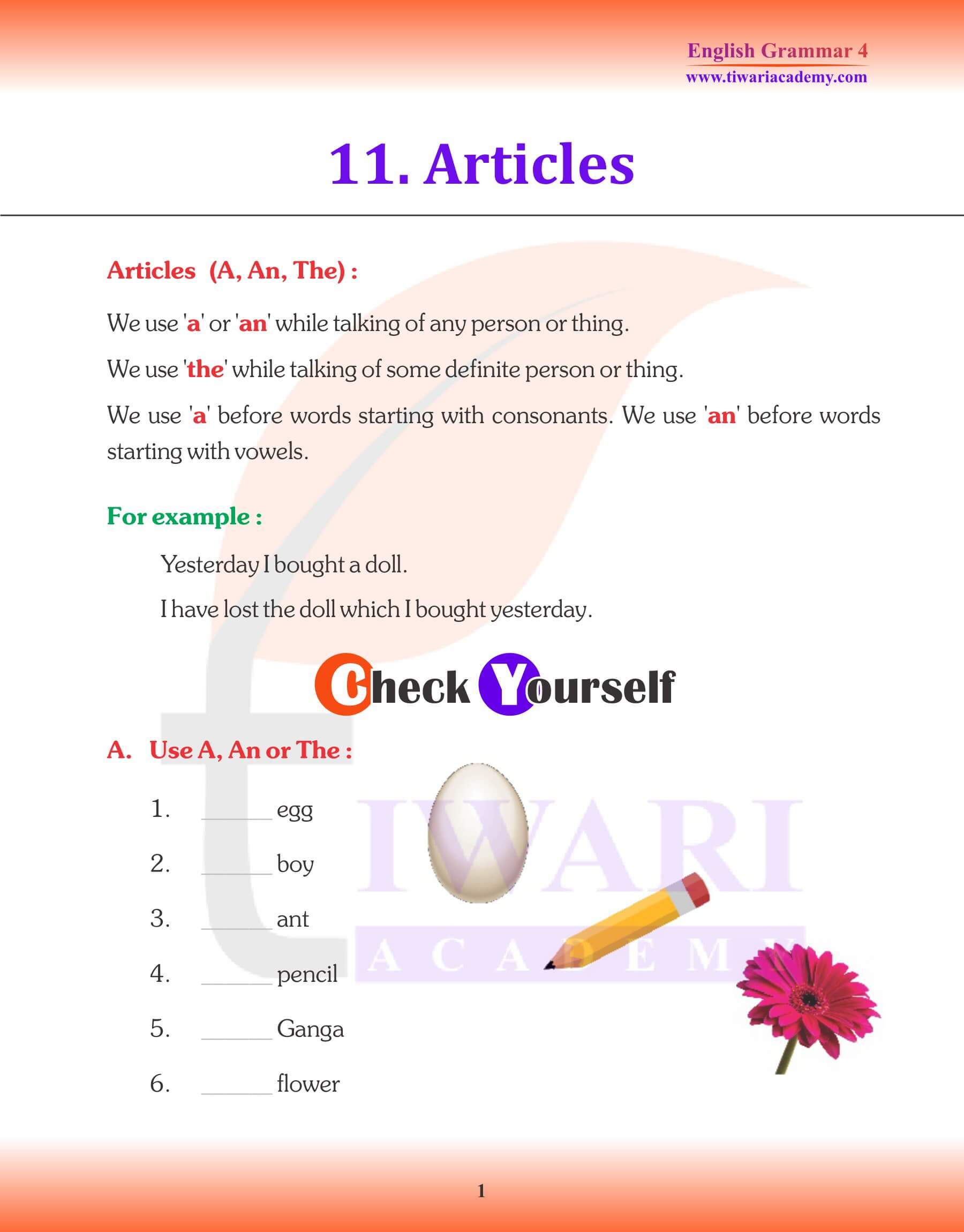 Class 4 English Grammar Articles Revision Book