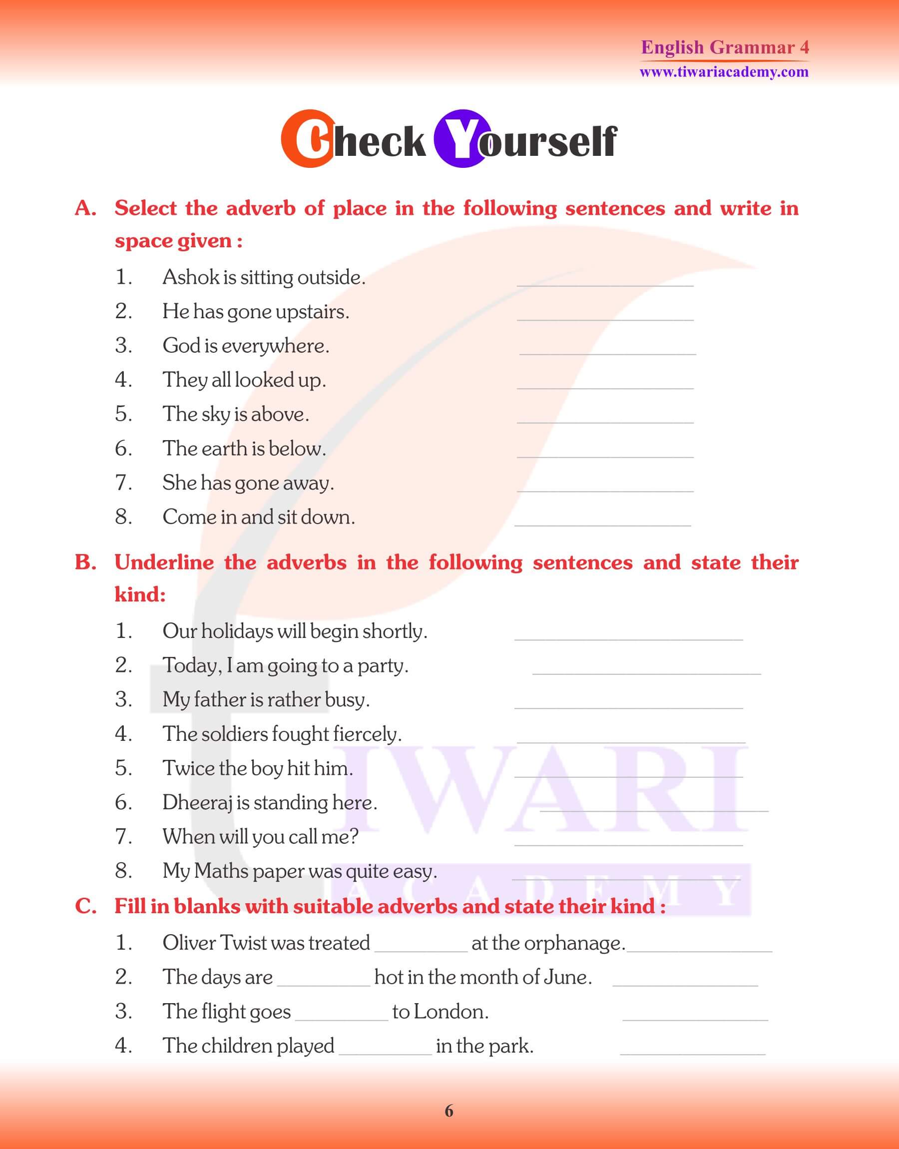 Class 4 English Grammar Adverb Question Bank