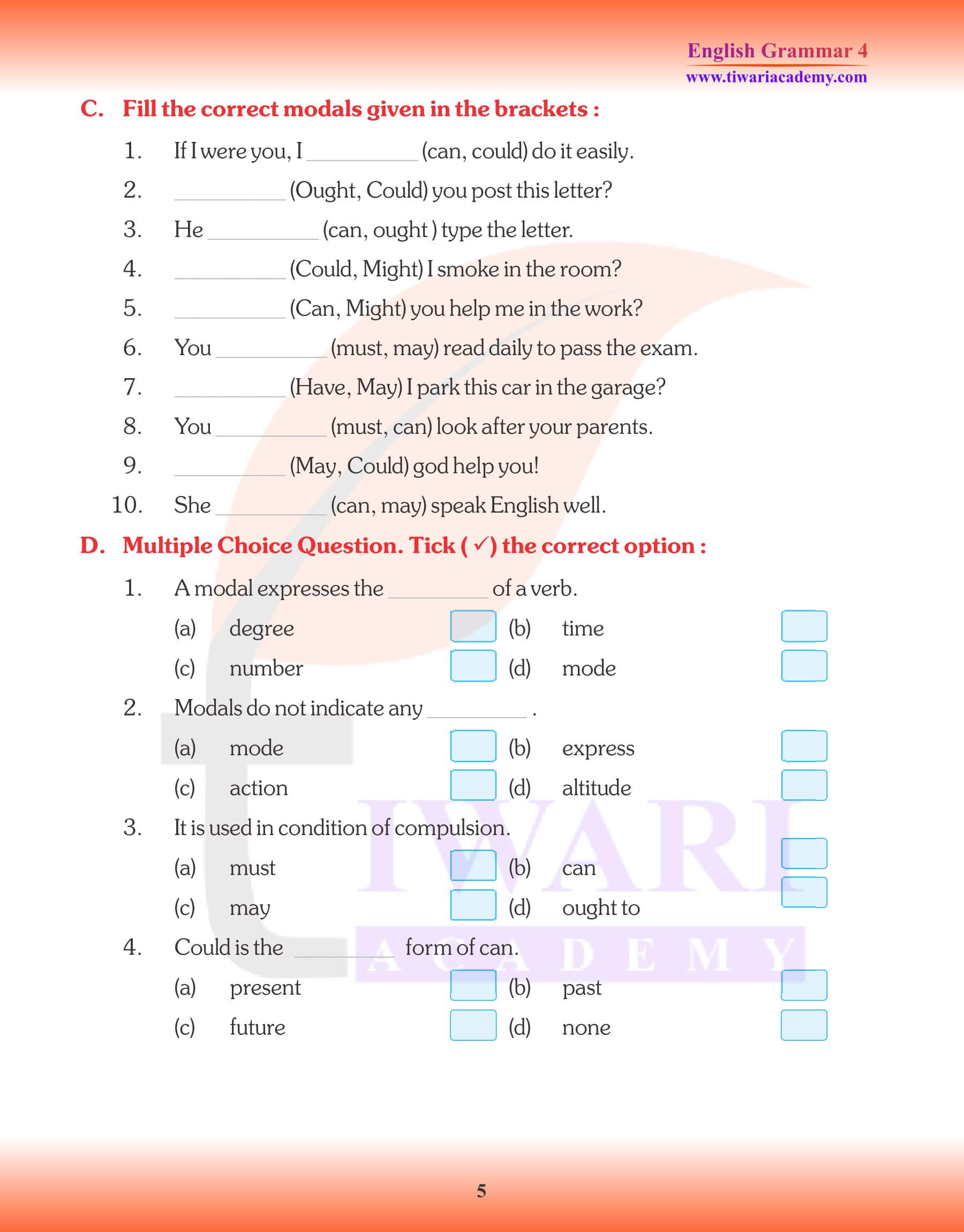 Class 4 English Grammar Modals Worksheets