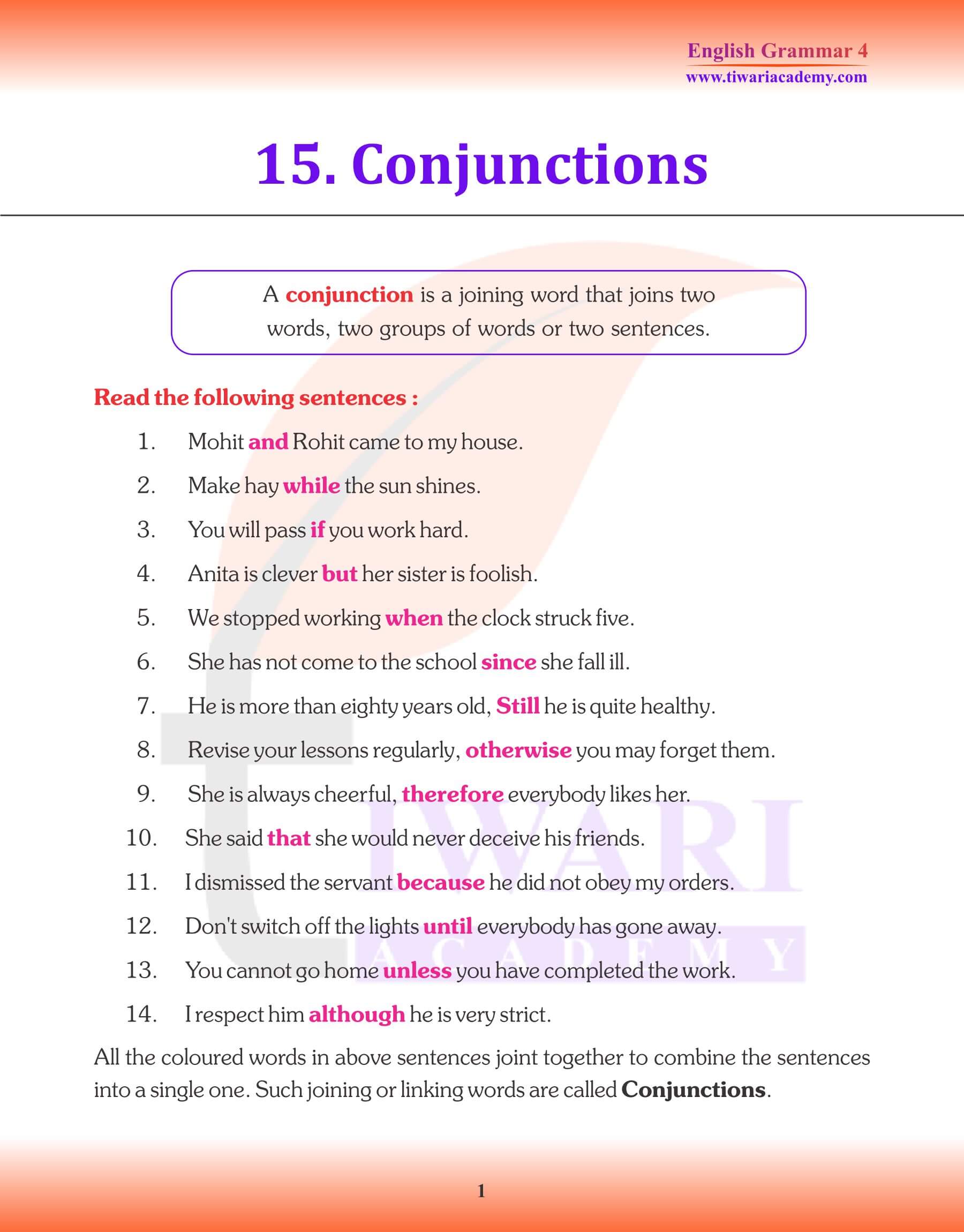 Class 4 English Grammar Conjunctions Revision Book