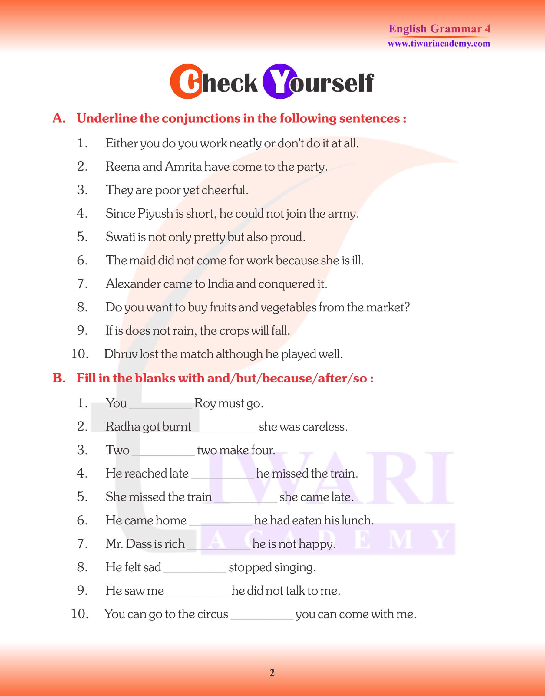 Class 4 English Grammar Conjunctions Practice Exercises