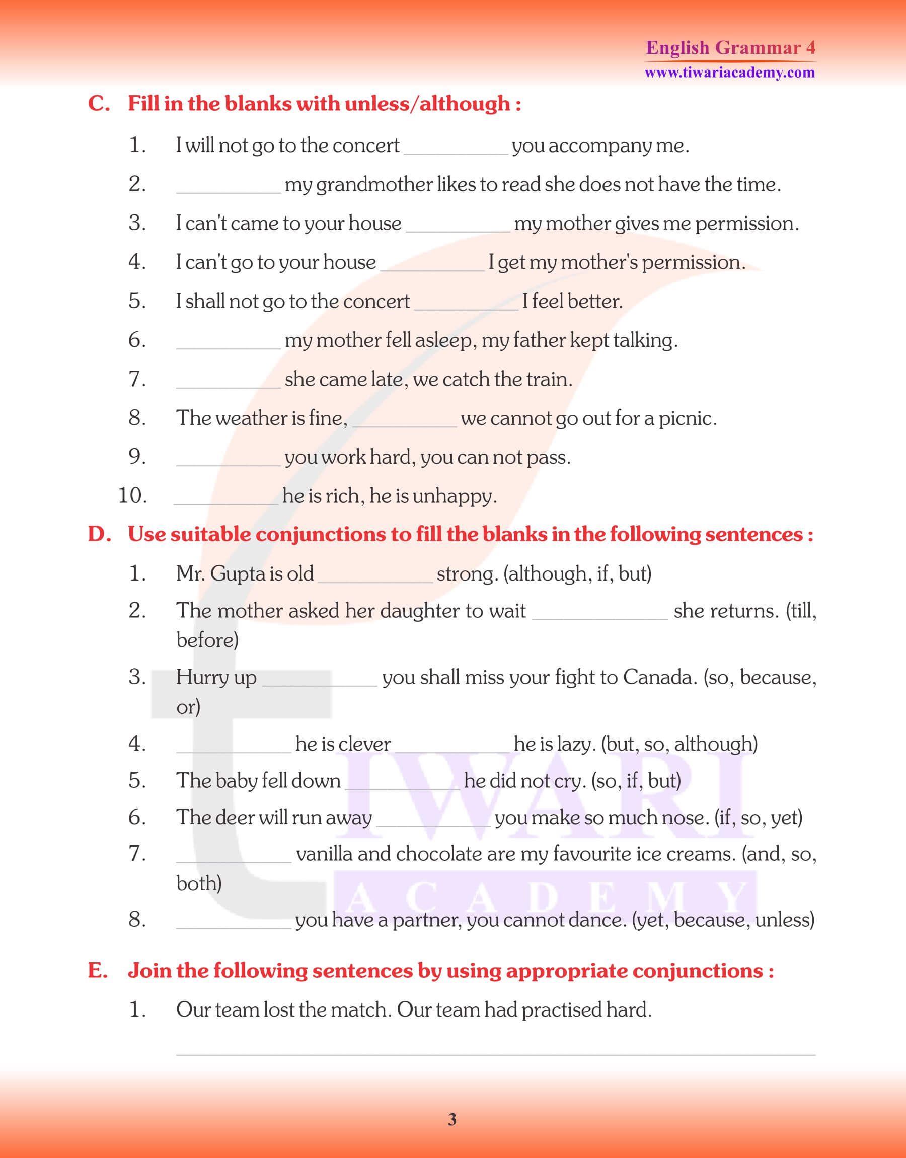 Class 4 English Grammar Conjunctions Assignments