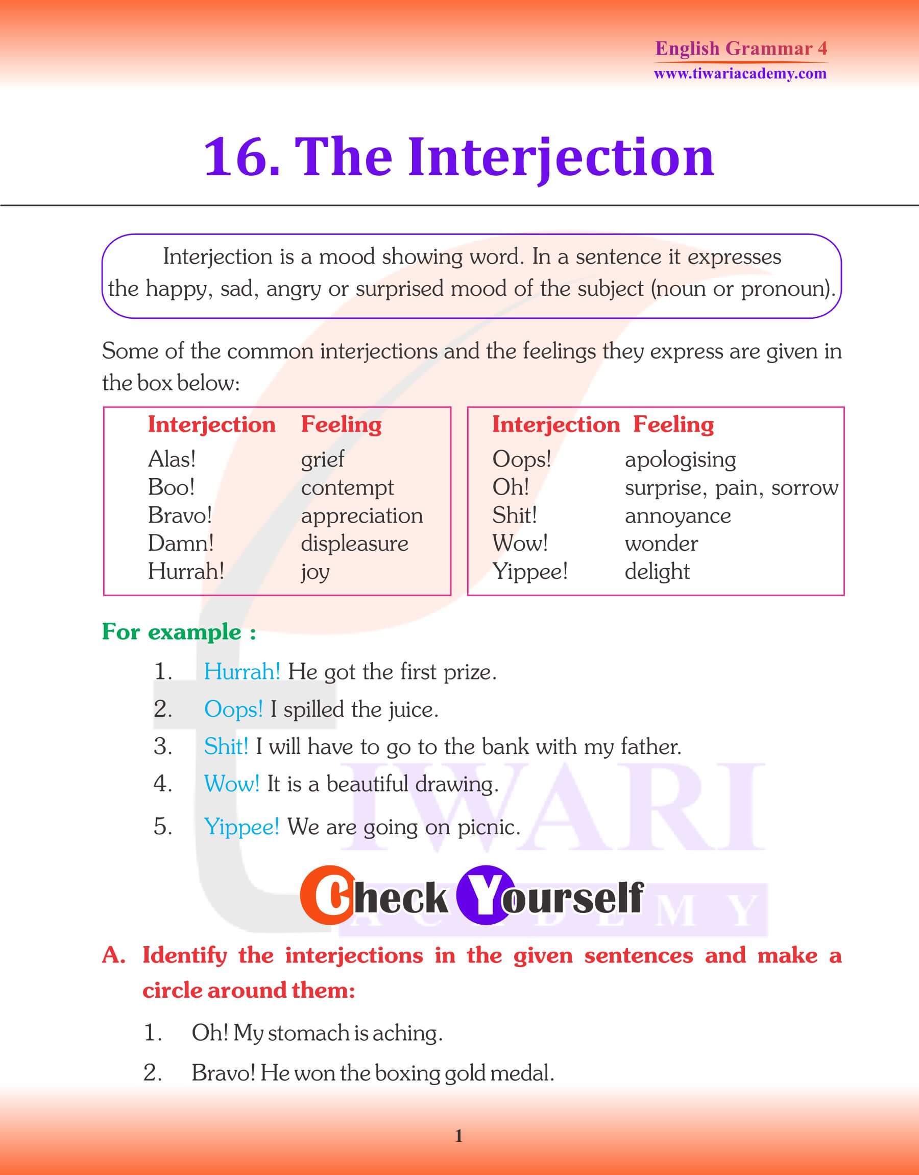 Class 4 English Grammar Interjection Revision Book